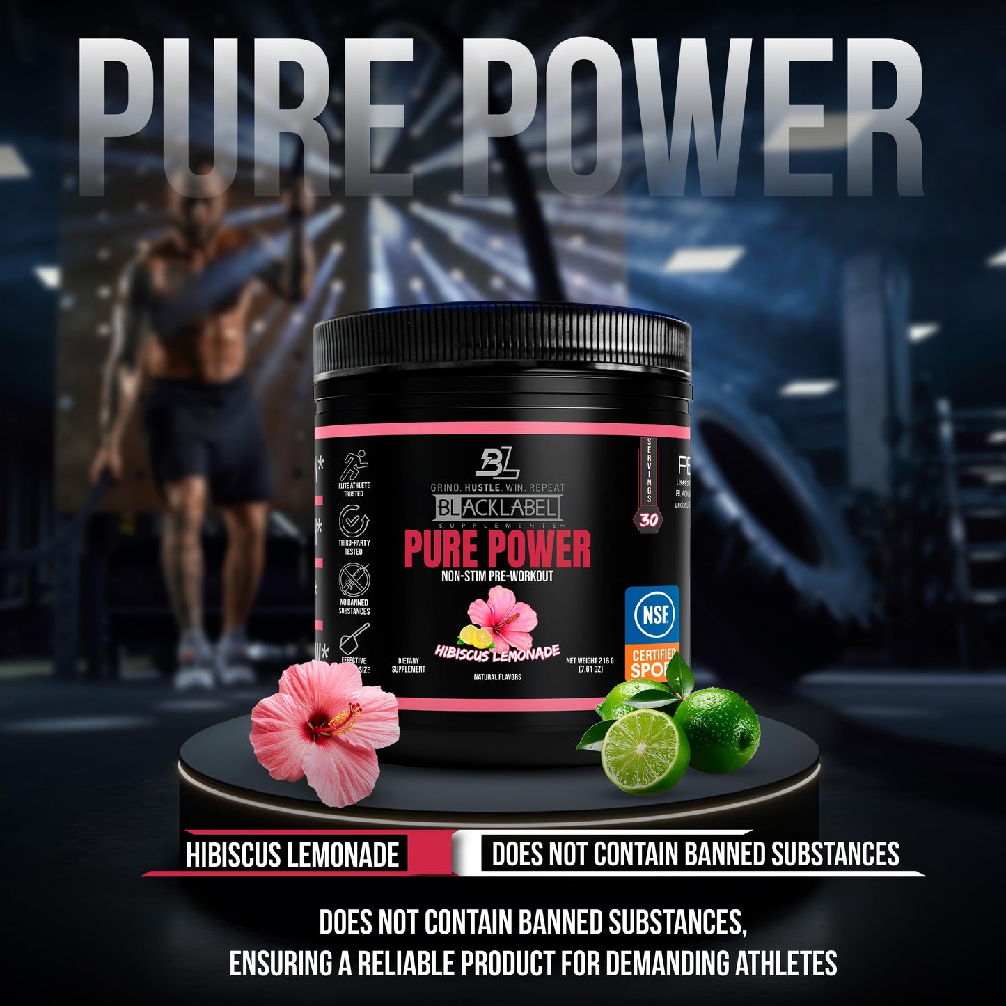 BLACKLABEL Supplements Pure Power NSF Certified for Sport Pre-Workout Hibiscus Lemonade Powder 7.65 Ounce