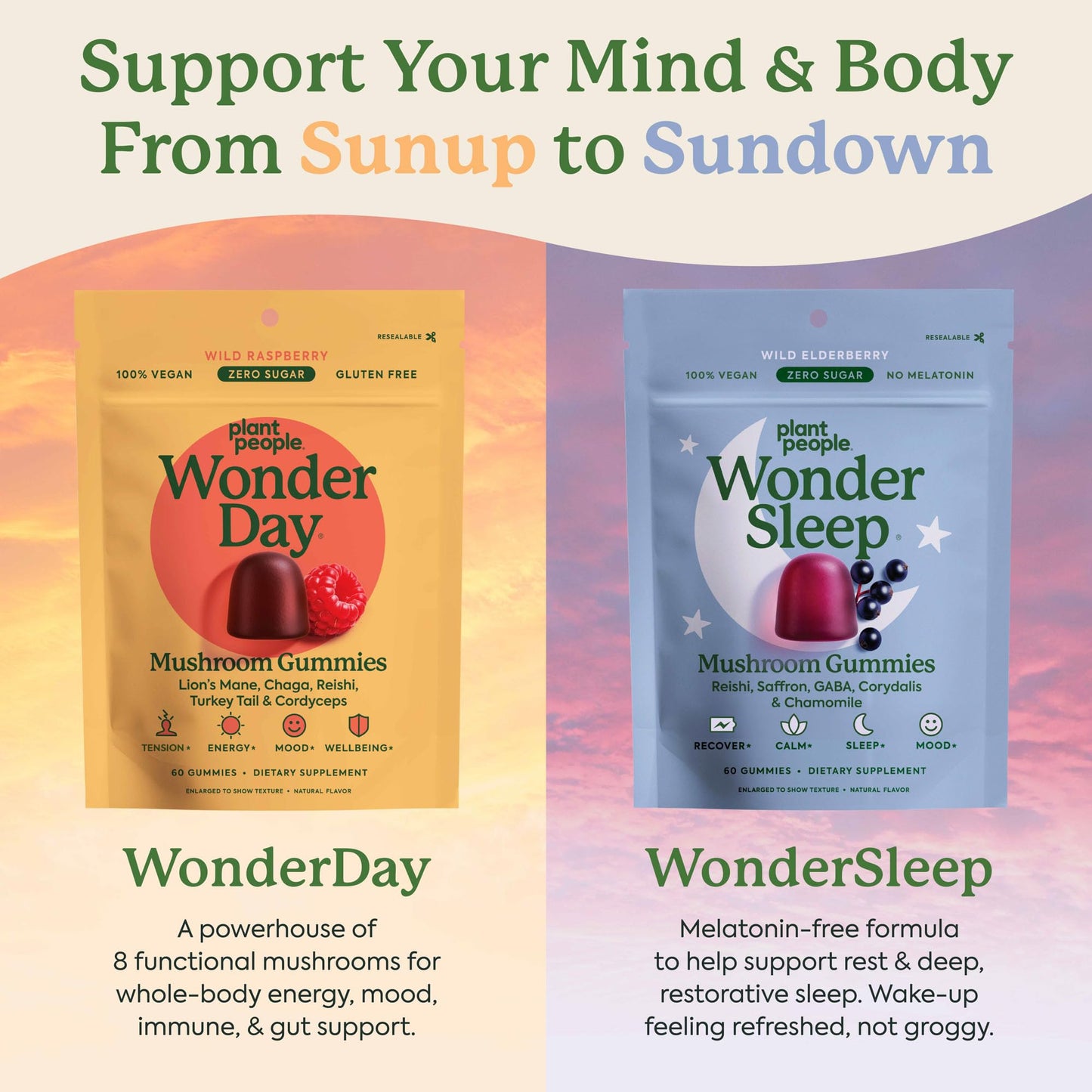 Plant People WonderDay & WonderSleep Mushroom Gummies Bundle, 60 Gummies