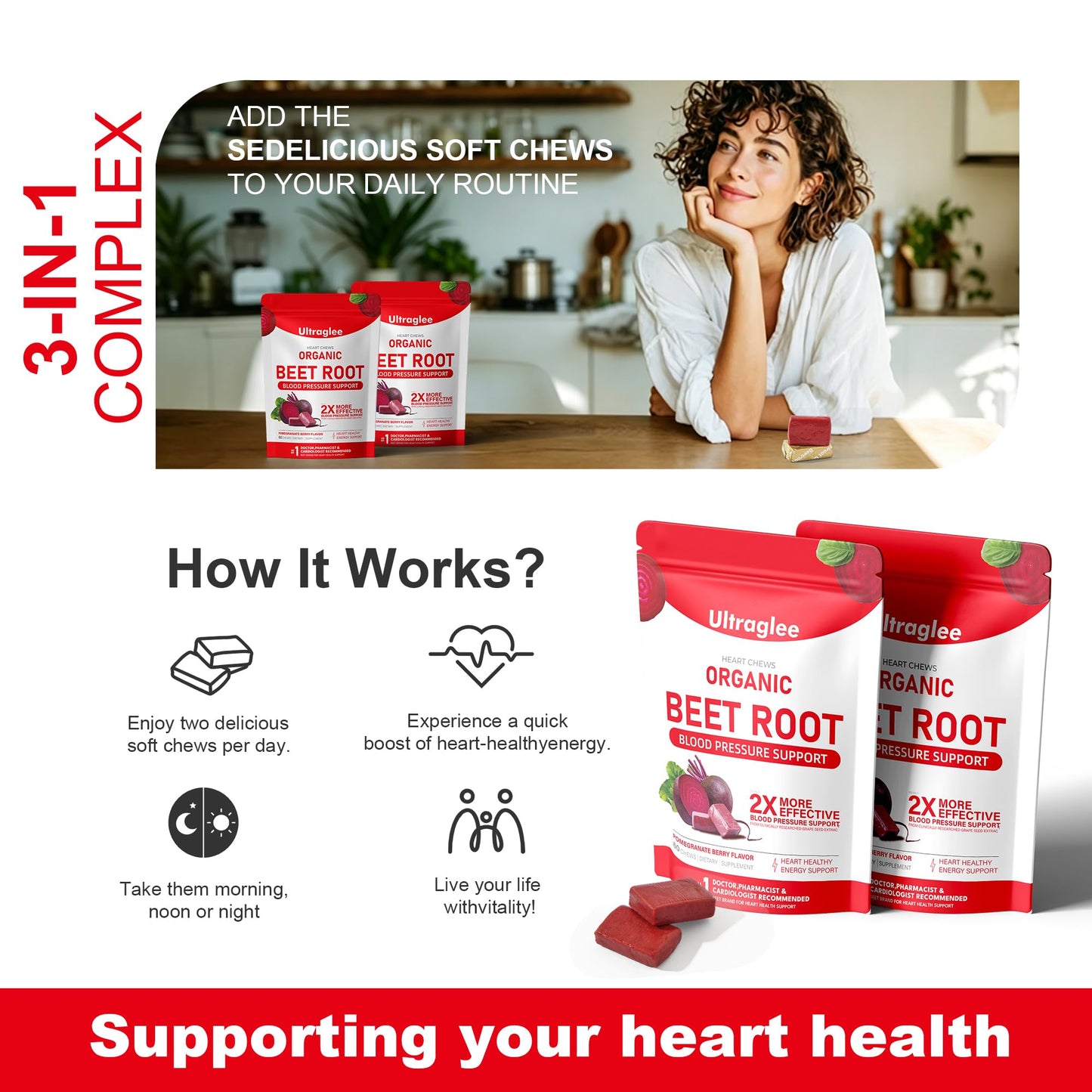 Ultraglee Beet Chews with Grape Seed Extract & Beet Root Powder Energy Supplement, 120 Chews