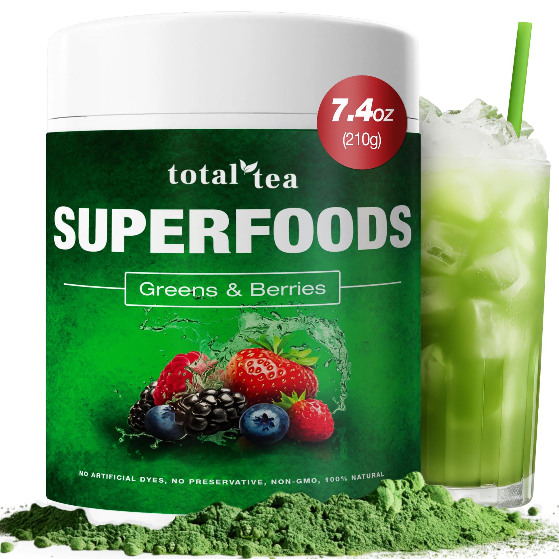 Total Tea Green Powder for Energy & Digestive Health with Turmeric, Amla Powder & Vitamin C - 30 Servings, 7.4