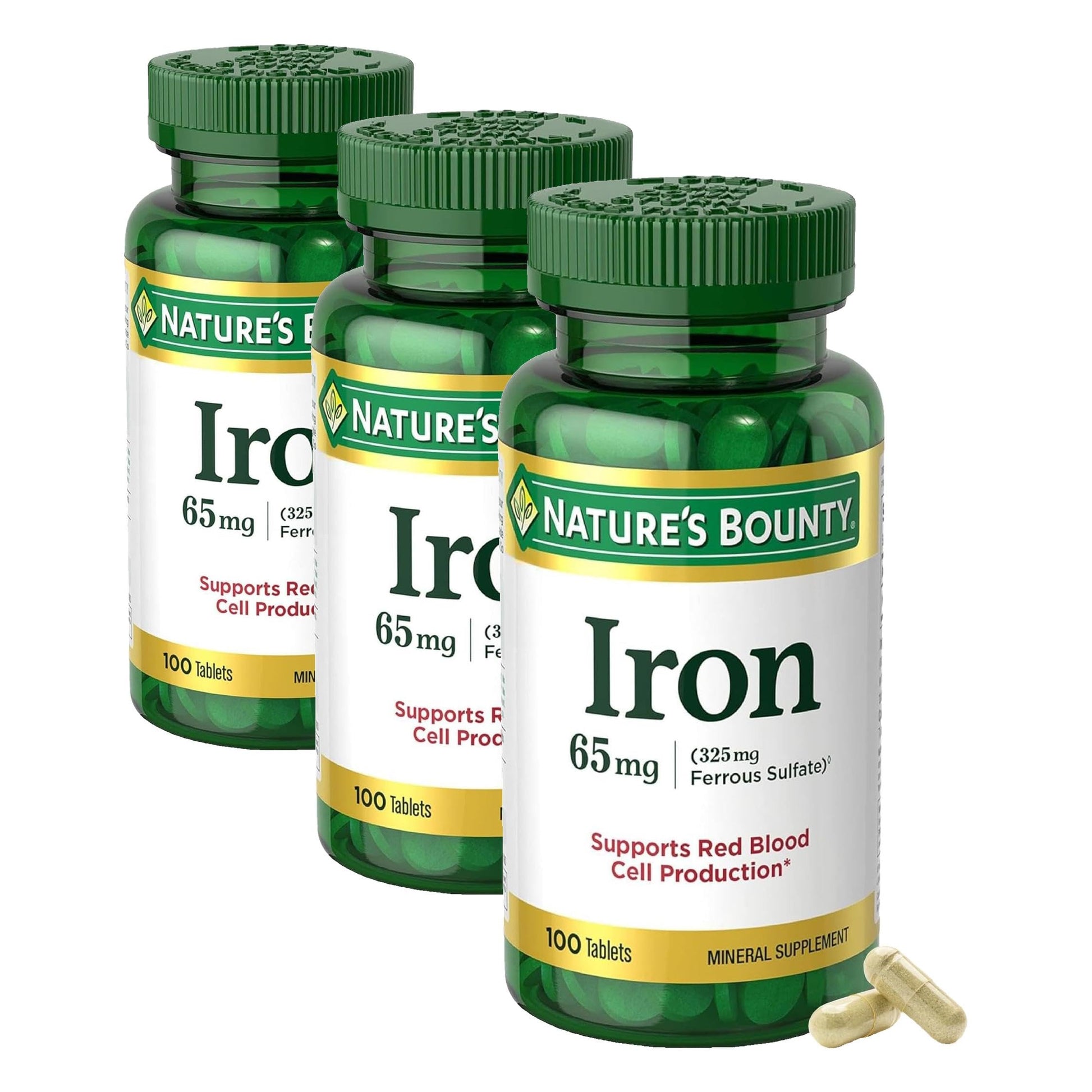 Nature’s Bounty Iron 65mg,325 mg Ferrous Sulfate,Cellular Energy Support,Promotes Normal Red Blood Cell Production,1 Serving Per Day,Gluten Free,100 Vegetarian Tablets,(Pack of 3)