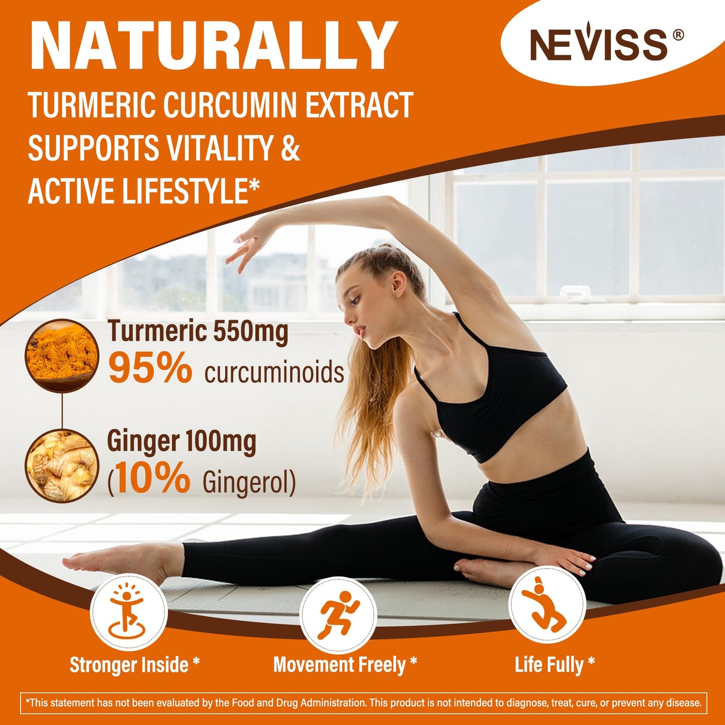 NEVISS Sugar Free Turmeric Curcumin Filled Gummy 550mg for Adults, Ginger & Black Pepper, 95% Curcuminoids, Prebiotic Probiotic & Postbiotic Blend, Vegan, 60 Count