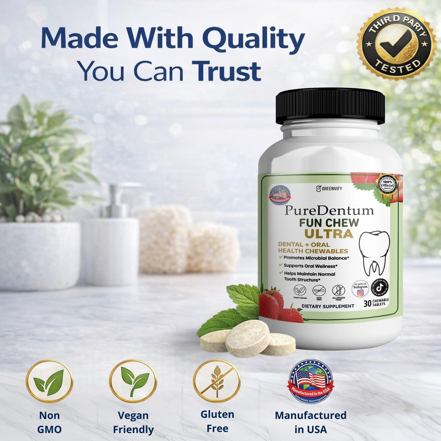 GREENVIFY PureDentum Fun Ultra Dental + Oral Health Probiotic Capsules, 3-Strain Probiotic, 60 Capsules