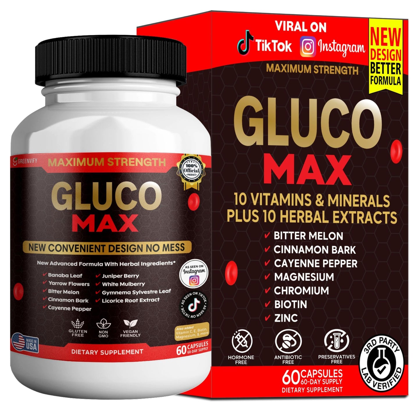 GREENVIFY Gluco Max Supplement Maximum Strength Herbal Formula with Banaba Leaf Capsule, 60 Capsules