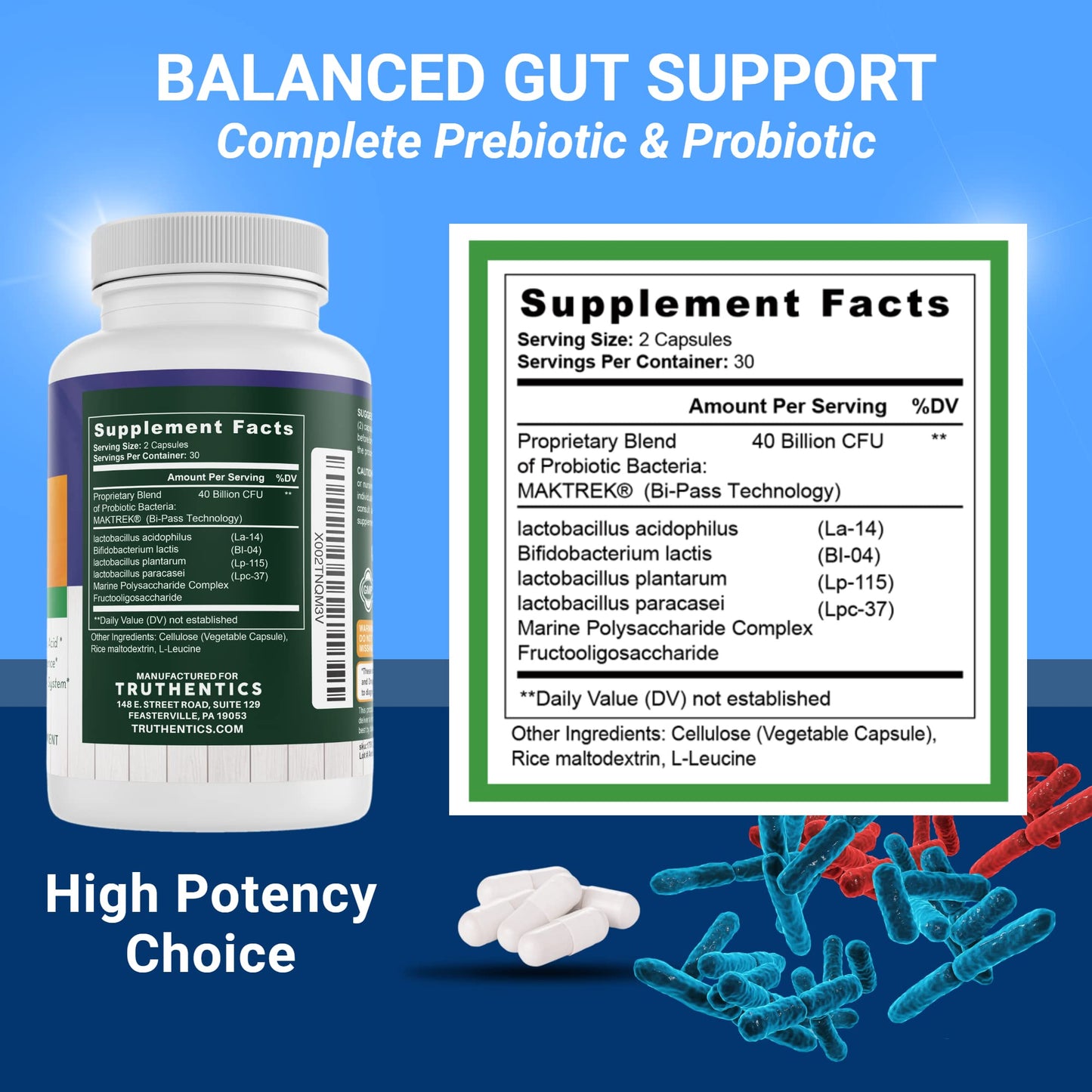 TRUTHENTICS Probiotic 40 Billion CFU with Prebiotics Bifidobacterium Lactobacillus Acidophilus Paracasei Probiotics for Men & Women Capsules, 60
