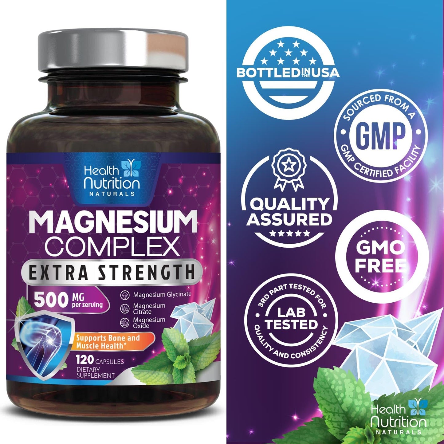 Health Nutrition Naturals Magnesium Complex 500mg per Serving Capsules, 120 Count
