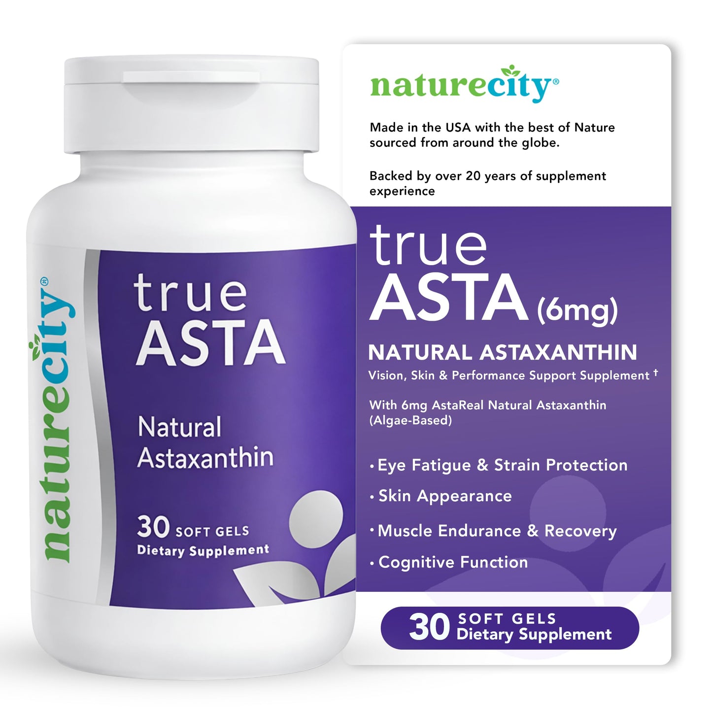 NatureCity TrueAsta 6mg Astaxanthin Supplement Softgels, 30 Count