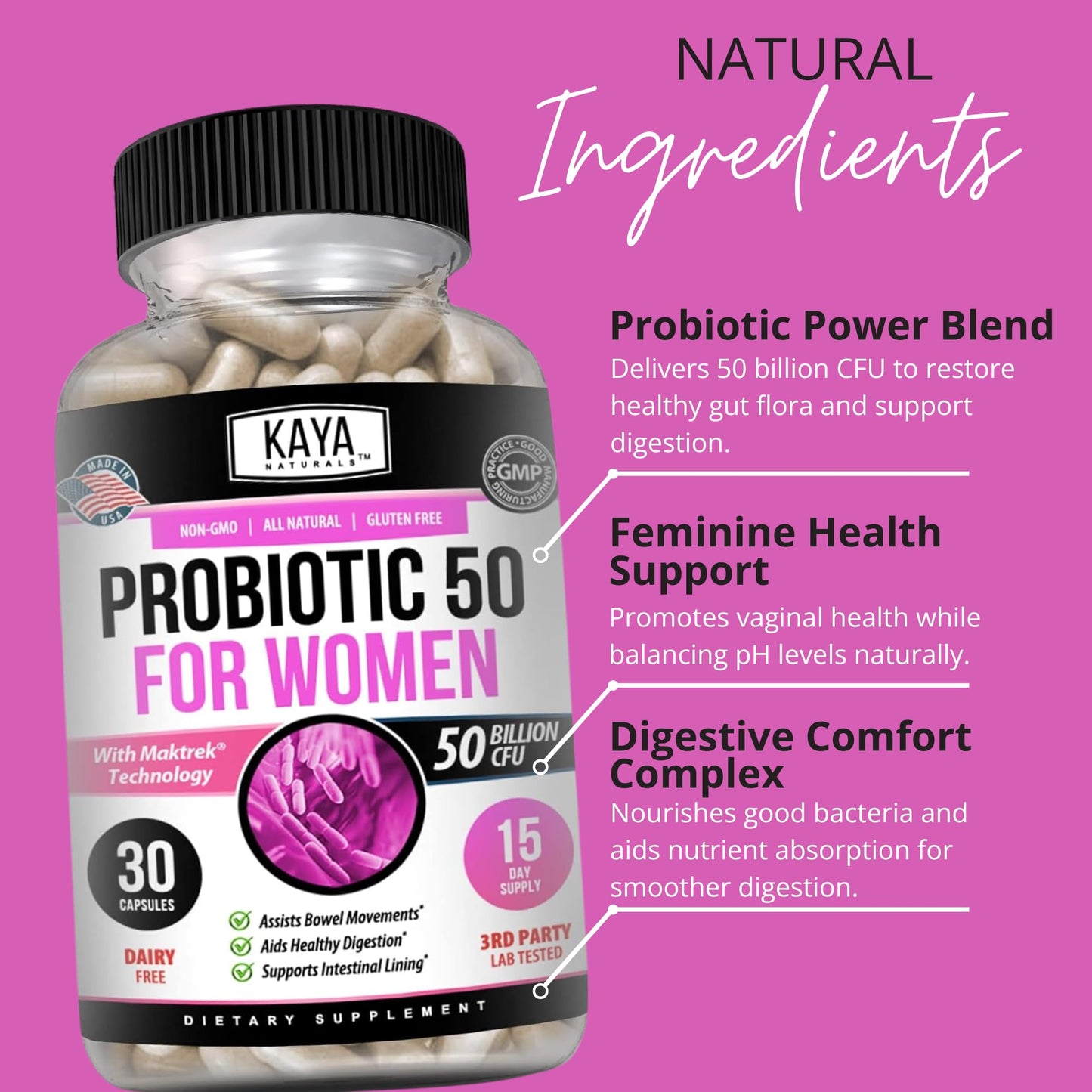 Kaya Naturals Probiotic 50 Billion CFU Capsules, 30 Count