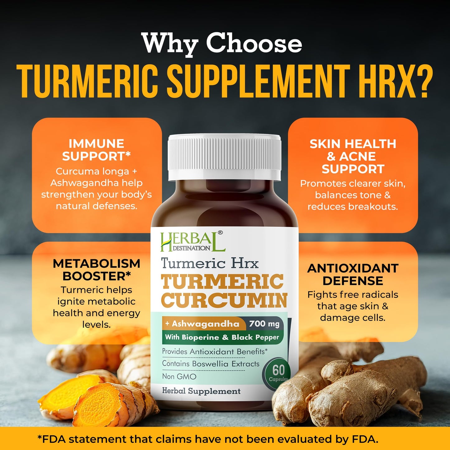 Herbal Destination Turmeric Curcumin with Boswellia & Ashwagandha Capsules, 60 Capsules
