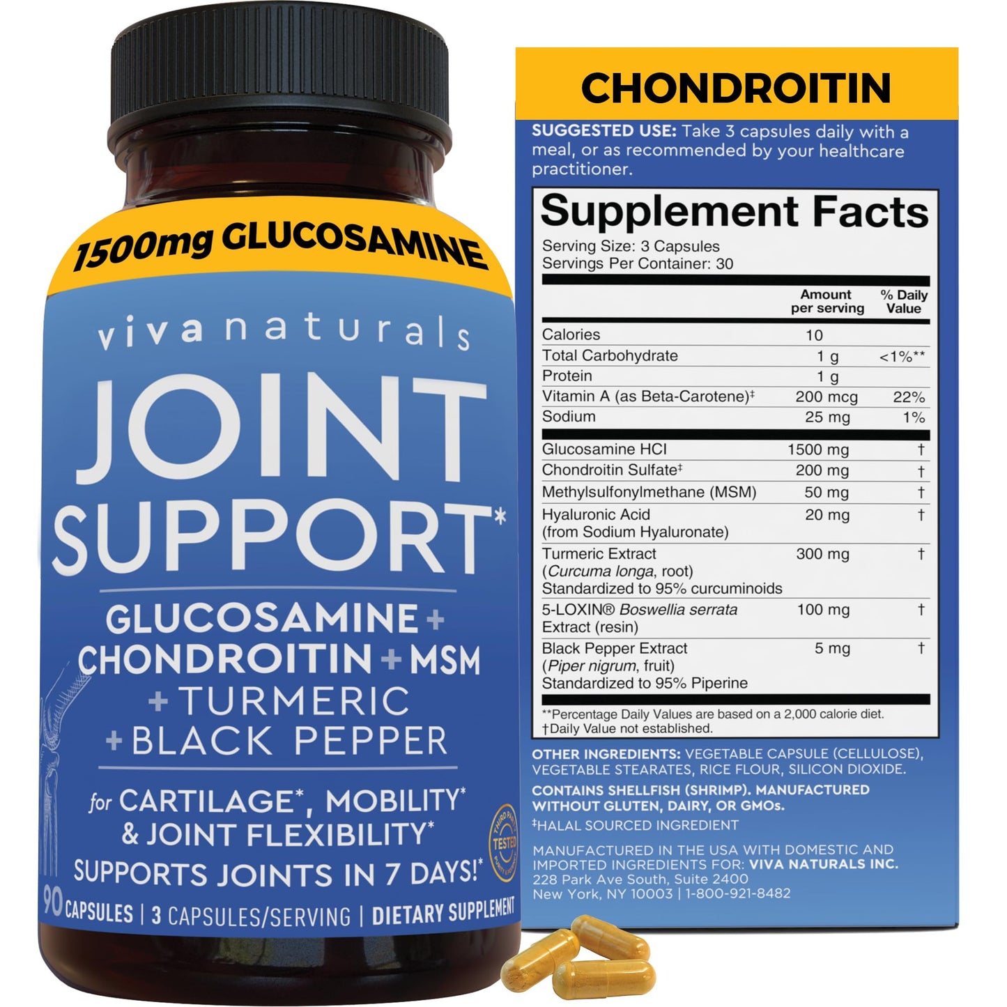 Viva Naturals Glucosamine Chondroitin MSM Joint Support Supplement Capsule, 90 Capsules