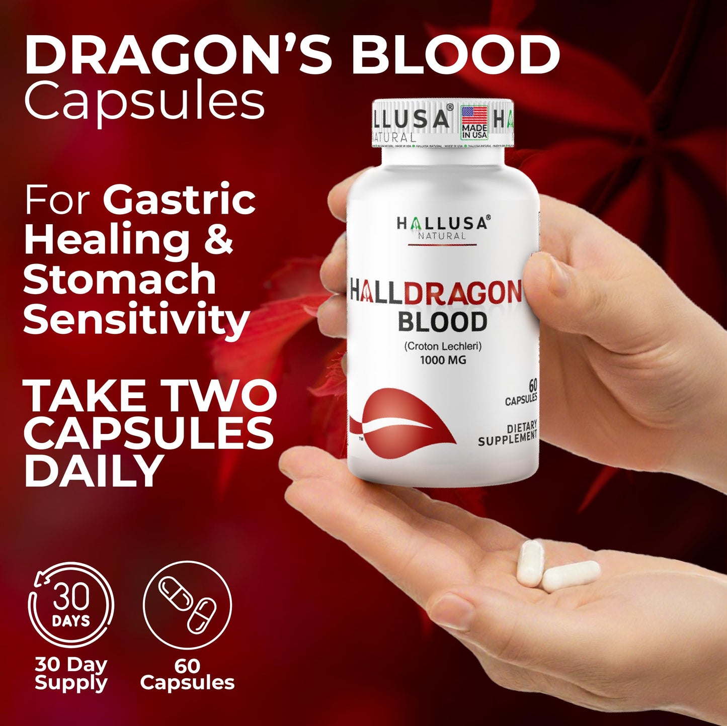 Hallusa Natural Dragon's Blood 1000mg Croton Lechleri Extract Capsule, 60 Count