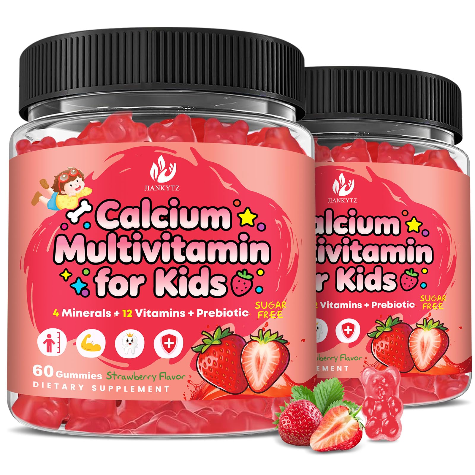 JIANKYTZ Sugar Free Calcium Multivitamin Gummies for Kids with Methyl B12 & Methylfolate, Calcium, Vitamins C, D, A, B1, B2, B6, Biotin, Magnesium - Nutritional, Immune, Bone Support, 120 Gummies