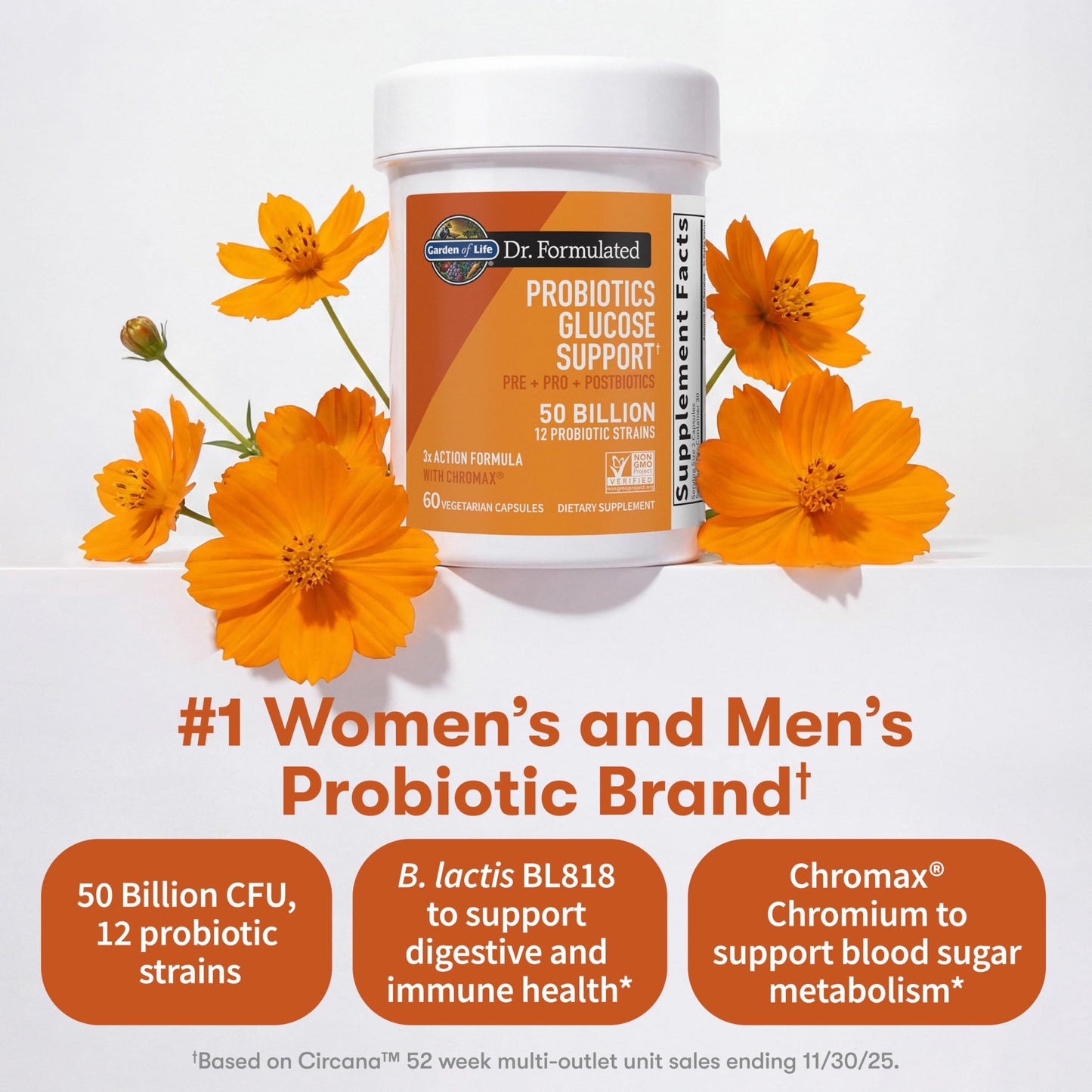 Garden of Life Dr. Formulated Glucose Support Probiotics with Chromax and Pre, Pro & Postbiotics – Digestive Health, Immune Health, Non-GMO, Gluten-Free, 60 Capsules