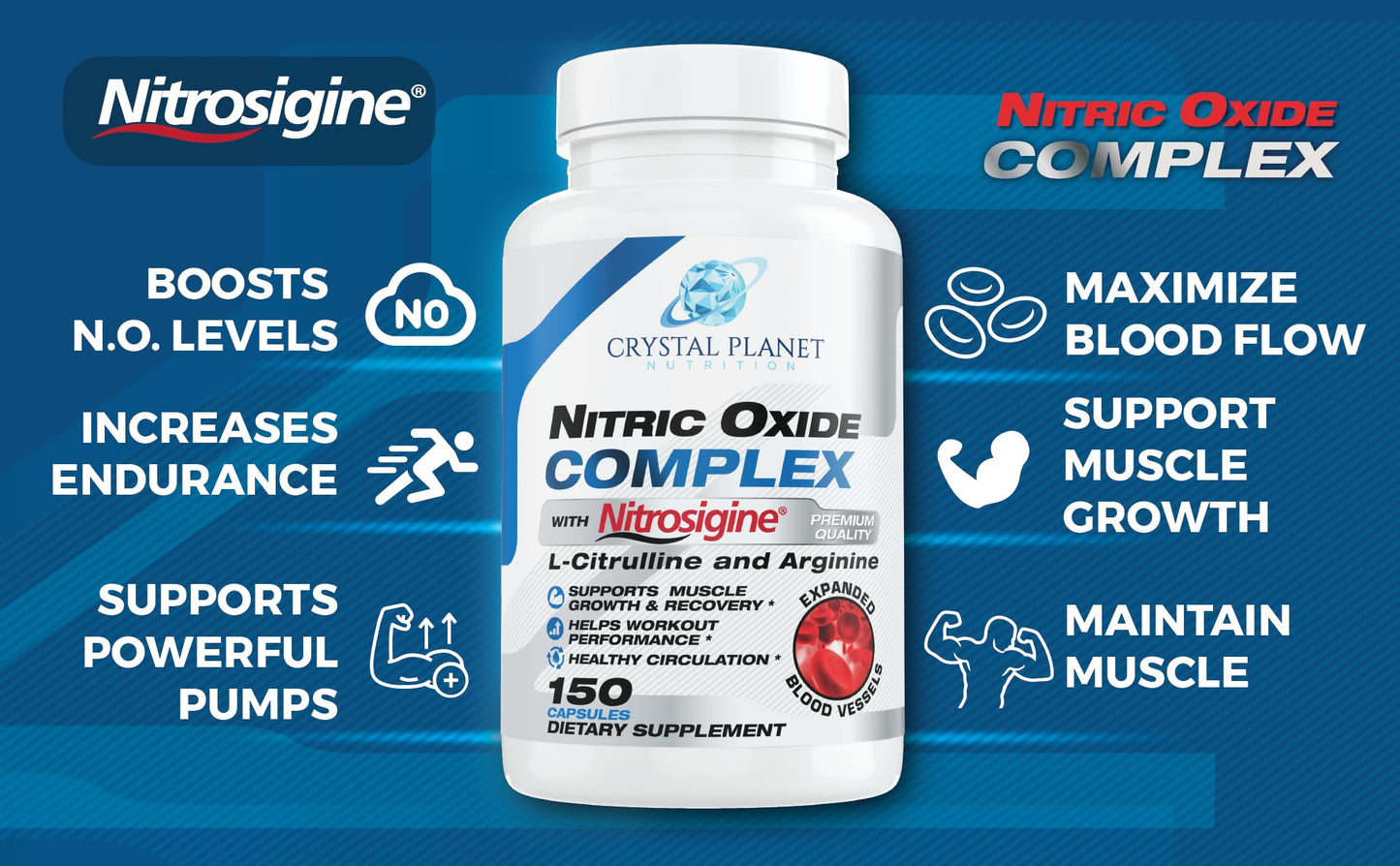 Crystal Planet Nitric Oxide Complex with Nitrosigine, Beet Root, Pine Bark, L-Citrulline & Black Pepper Capsule, 150 Capsules