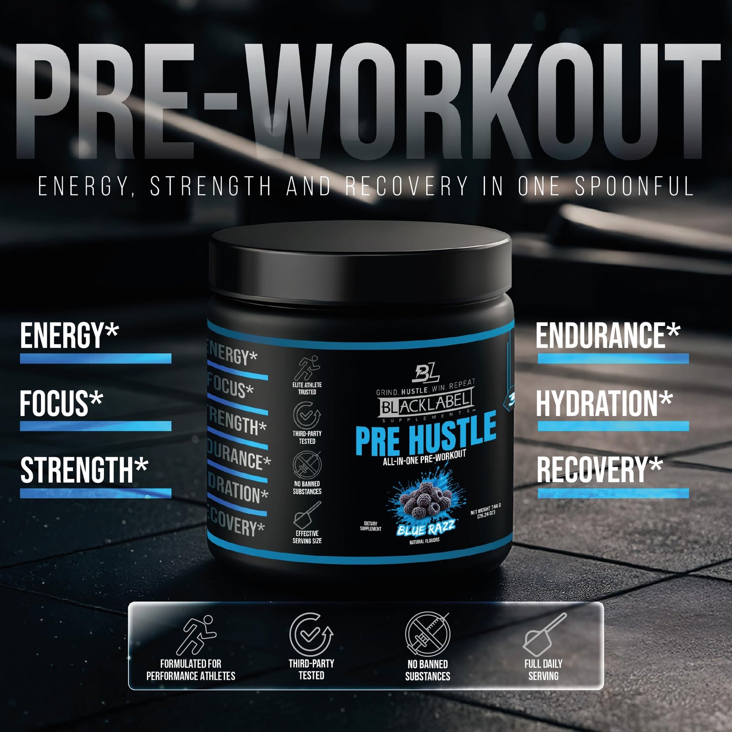 BLACKLABEL Supplements PRE Hustle V3 NSF Certified for Sport Pre-Workout (Blue Razz) Powder 26.24