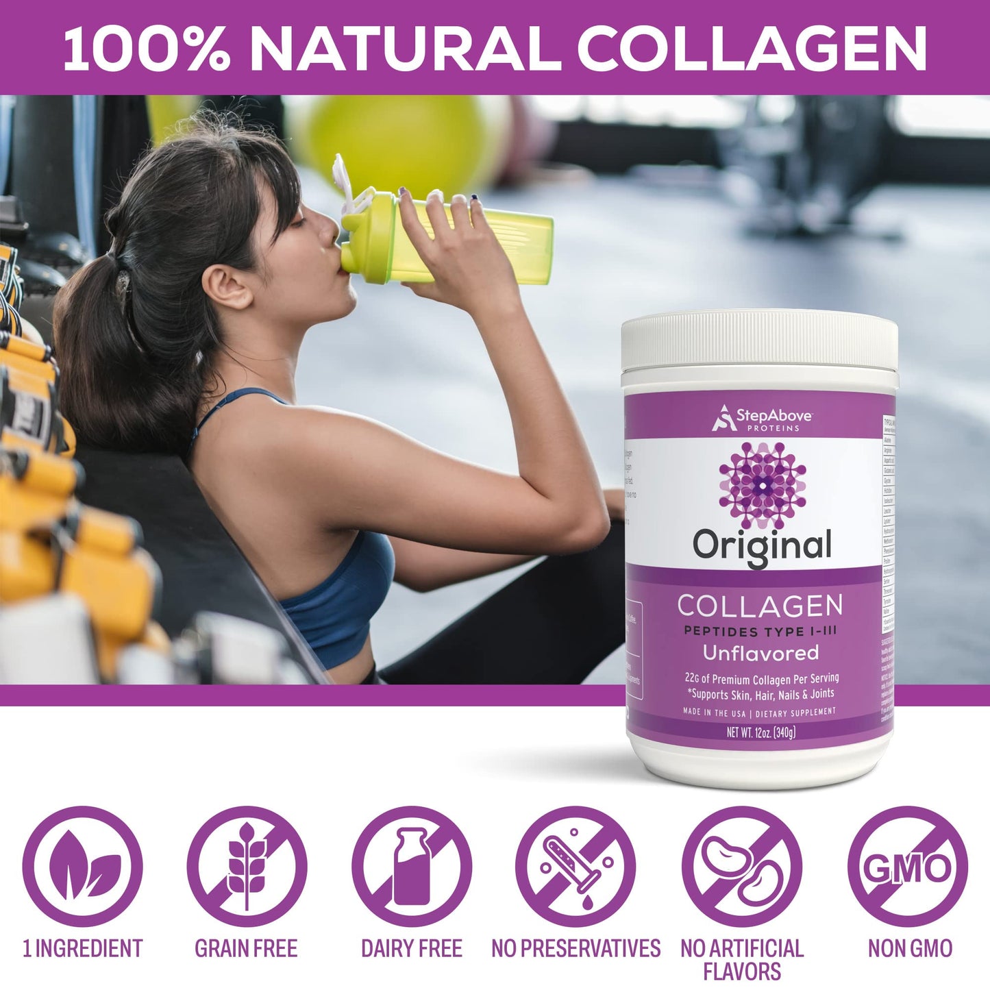 Step Above Proteins Original Collagen Peptides Powder, Hydrolyzed Type I-III, 12 oz