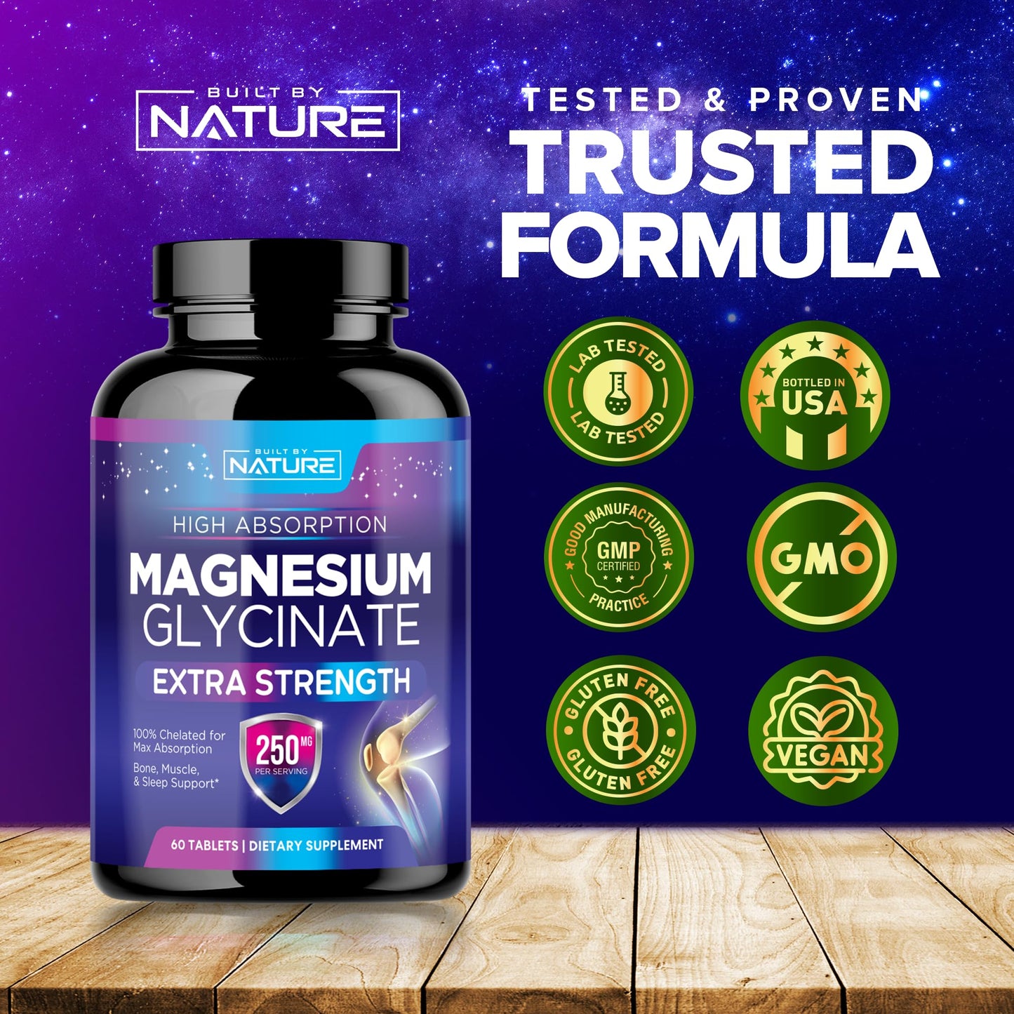 Built by Nature Magnesium Glycinate 250mg Tablet, 60 Count