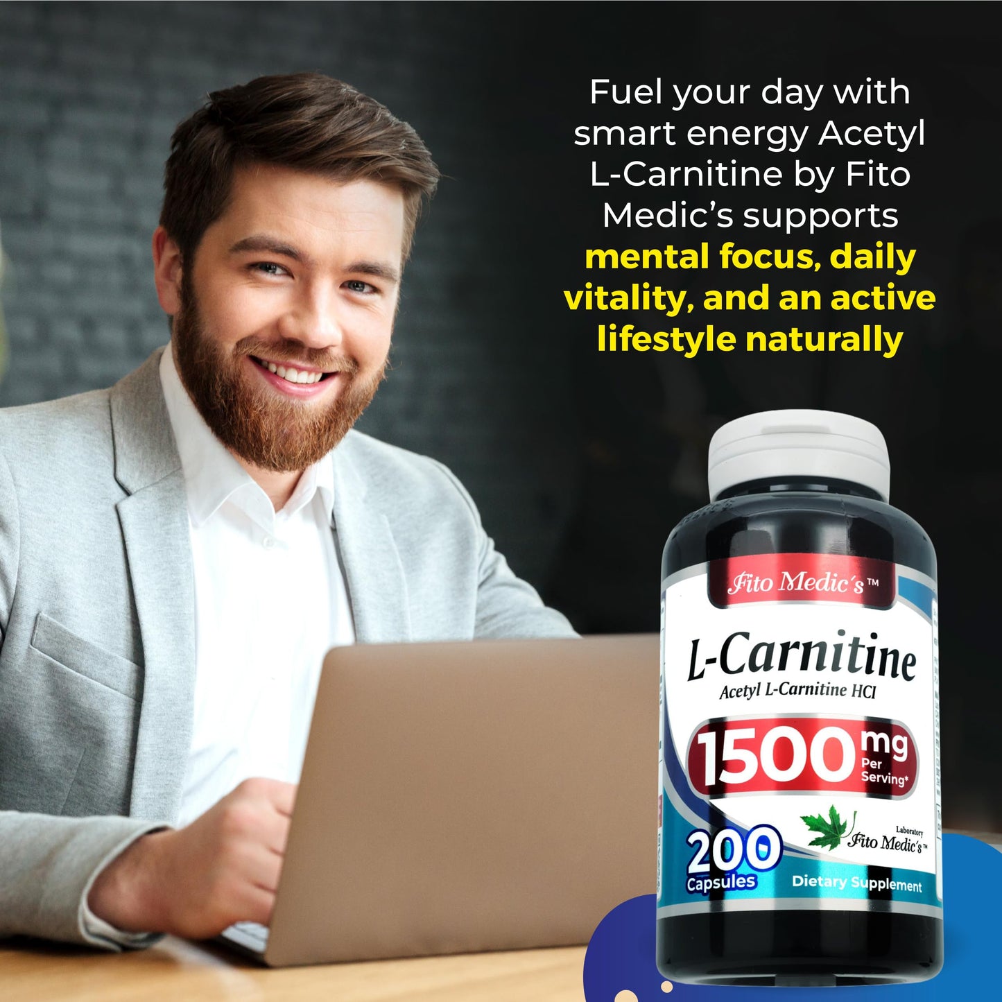 FITO MEDIC'S Lab L-Carnitine Supplement Acetyl L-Carnitine Formula Capsule, 200 Capsules