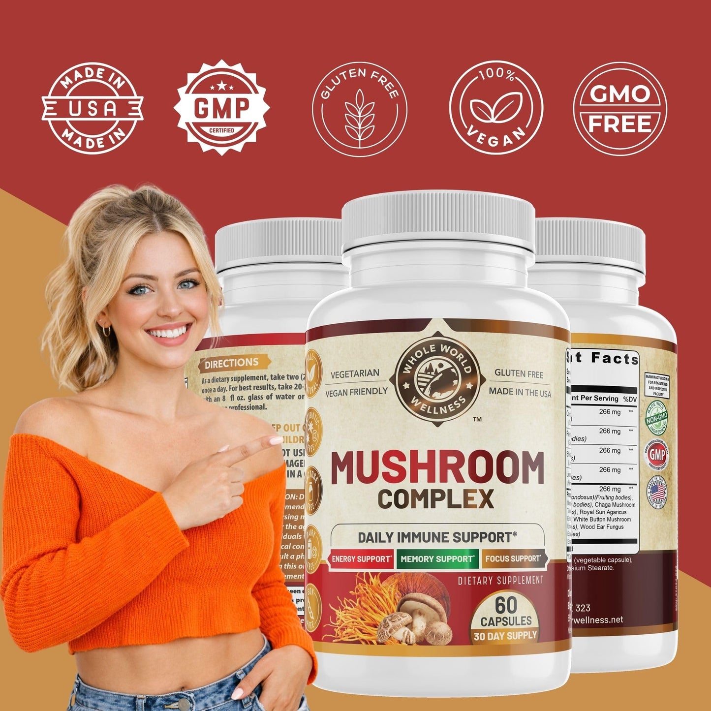 WHOLE WORLD WELLNESS All Natural Mushroom Complex 10 in 1 Capsule 60 Count