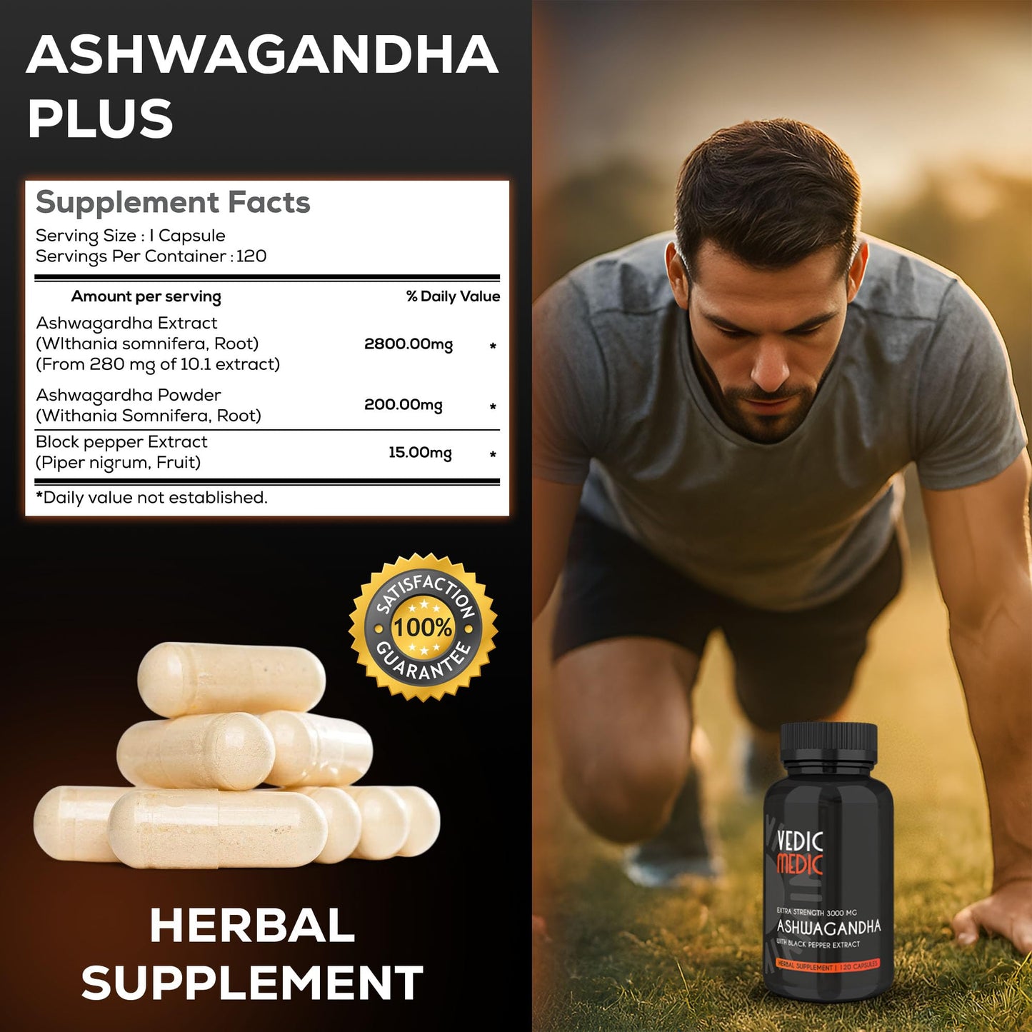 The Vedic Medic Organic Ashwagandha Capsules Extra Strength 3000mg with Black Pepper Extract, 120 Capsules