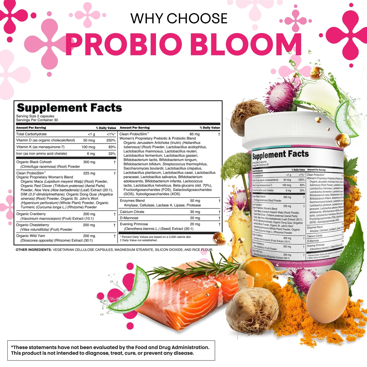 Clean Nutraceuticals Probiotics for Women with D-Mannose, Cranberry Extract, Wild Yam, and Chasteberry, 20 Probiotic and Prebiotic Strains, pH Balance, Digestive Health, 60 Capsules