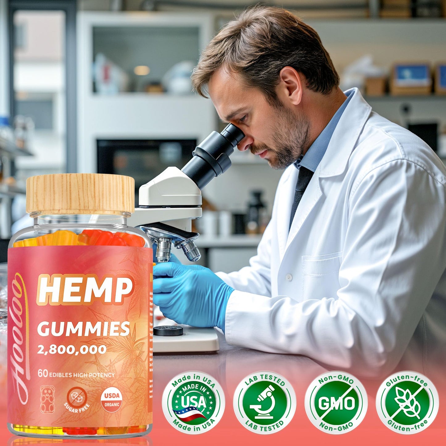 HOOLOO Hemp Gummies for Happier Bedtimes & Focus, Extra Strength 2,800,000 Hemp Oil Infused, Gummy Bears Fruity, Sugar Free, Made in USA, 120 Gummies