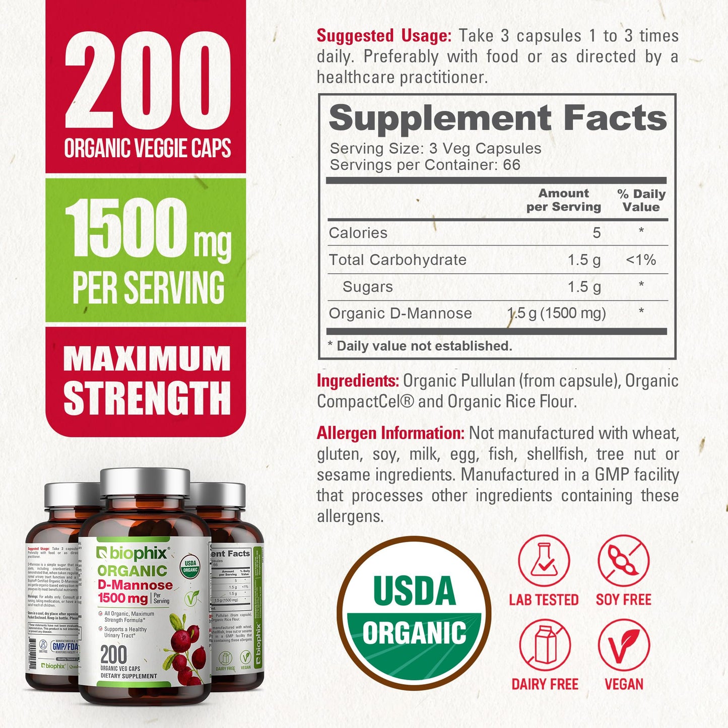 biophix D-Mannose 1500 mg Capsules, 200 Count, USDA Organic, Non-GMO, Vegan-Friendly