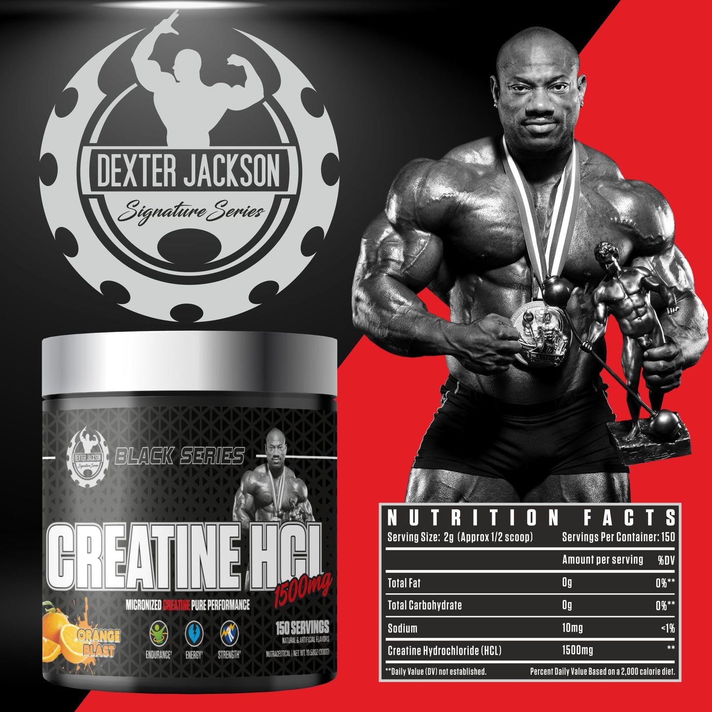 DEXTER JACKSON Black Series Creatine HCl 1500mg Powder, Orange Blast, 10.58 oz (300 g)