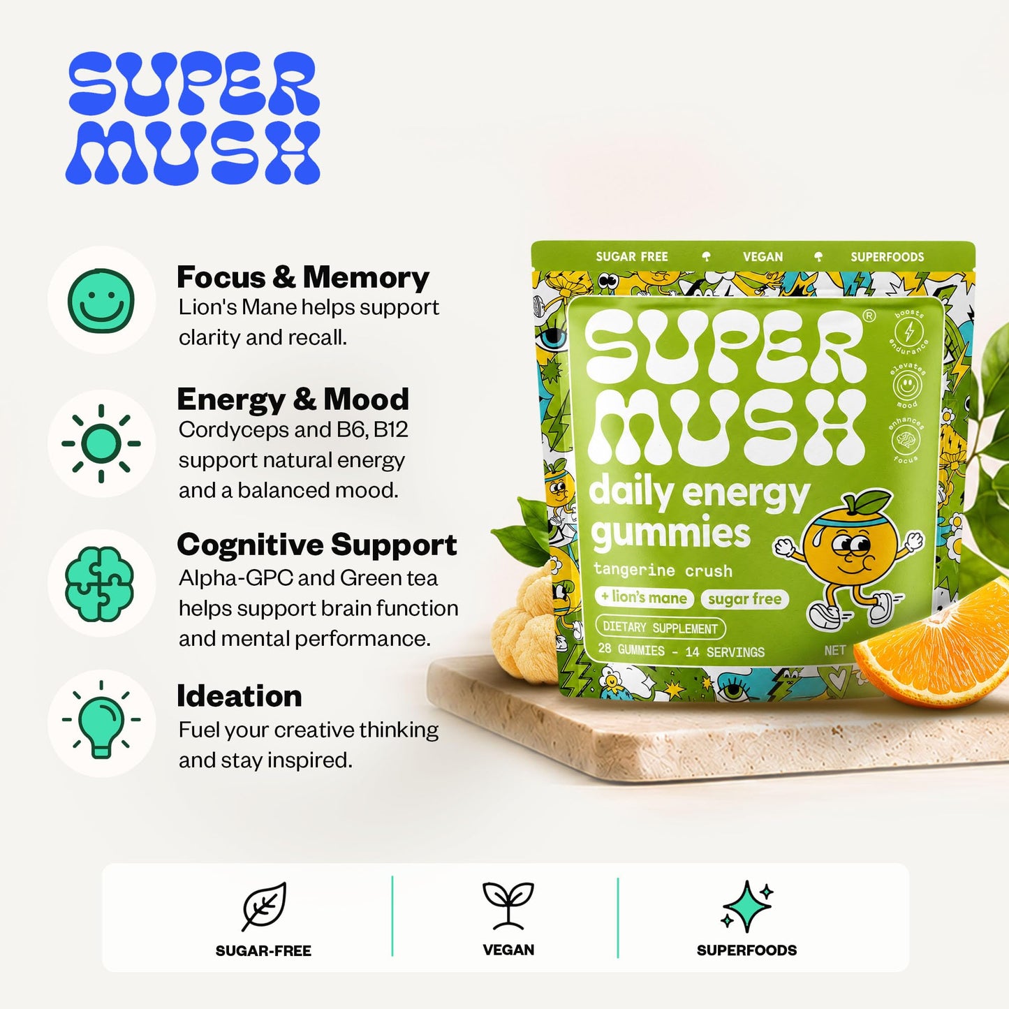 SuperMush Daily Energy Gummies - Lion's Mane & Cordyceps, 28 Count