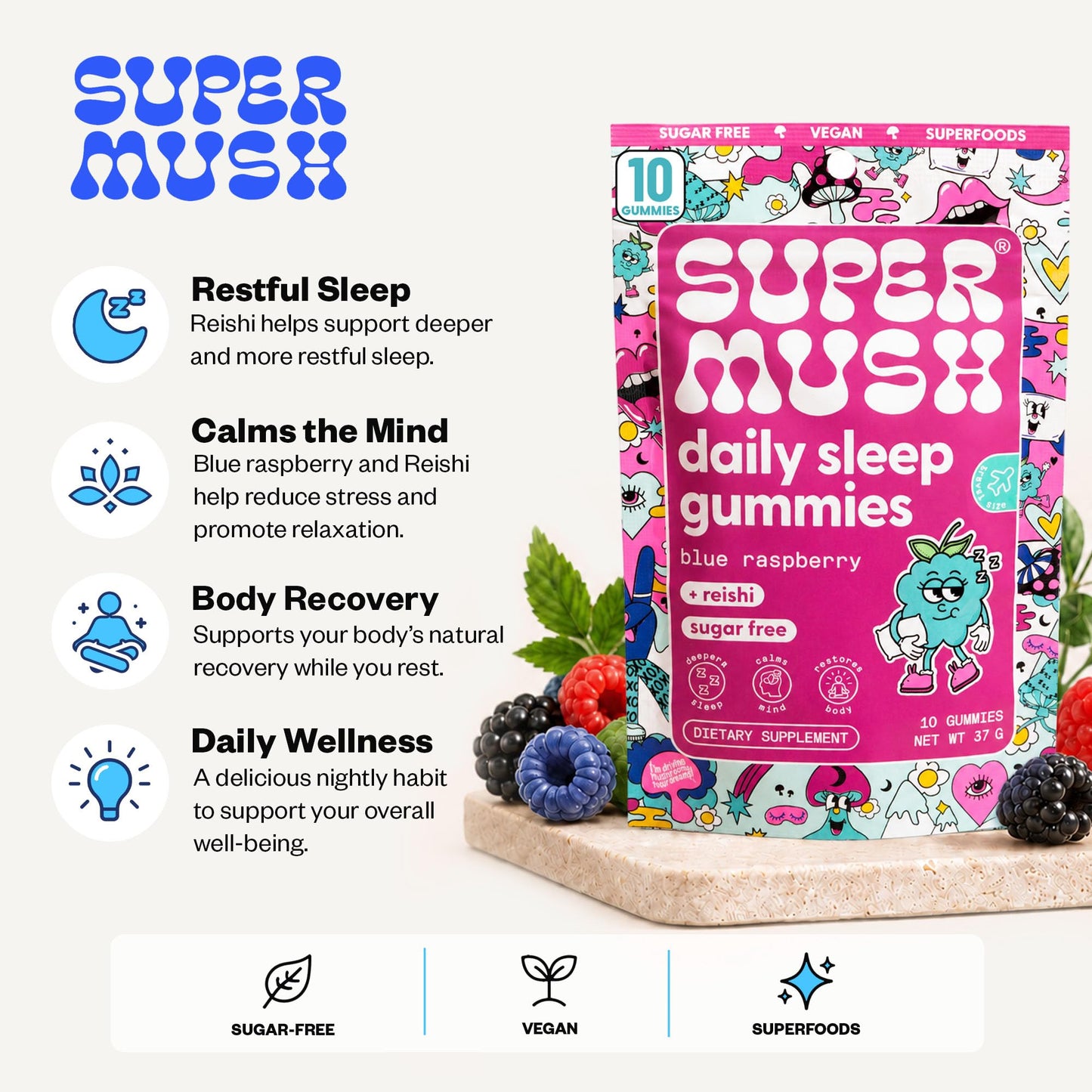 SuperMush Daily Sleep Melatonin-Free Sleep Aid Gummies 10 Count