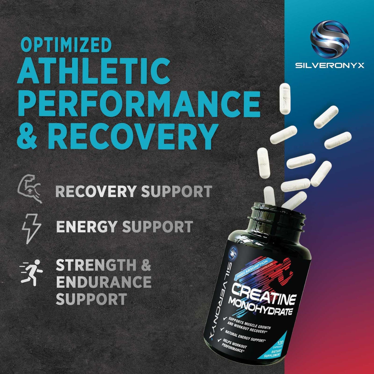 SILVERONYX Creatine Monohydrate 3000mg Capsules, 120 Count