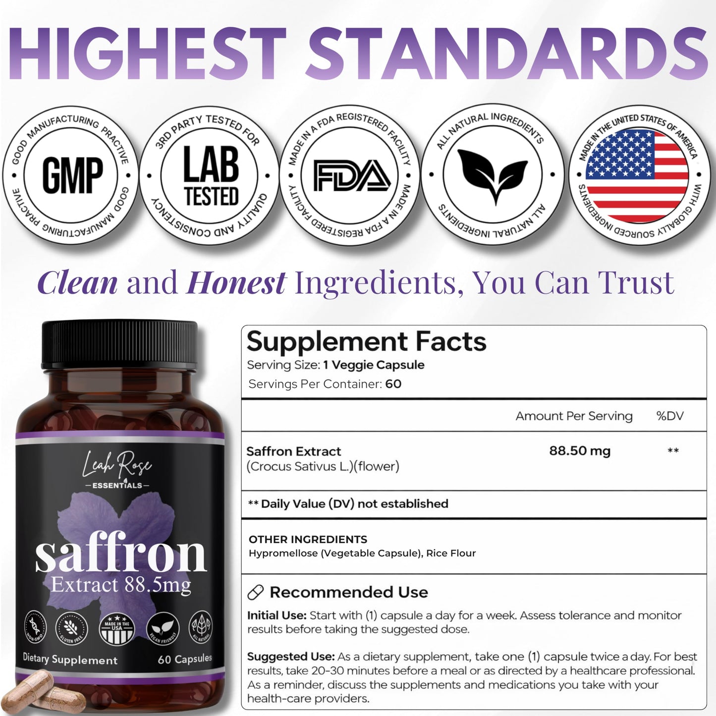 Leah Rose Essentials Saffron Supplement 88.5mg 60 Capsules