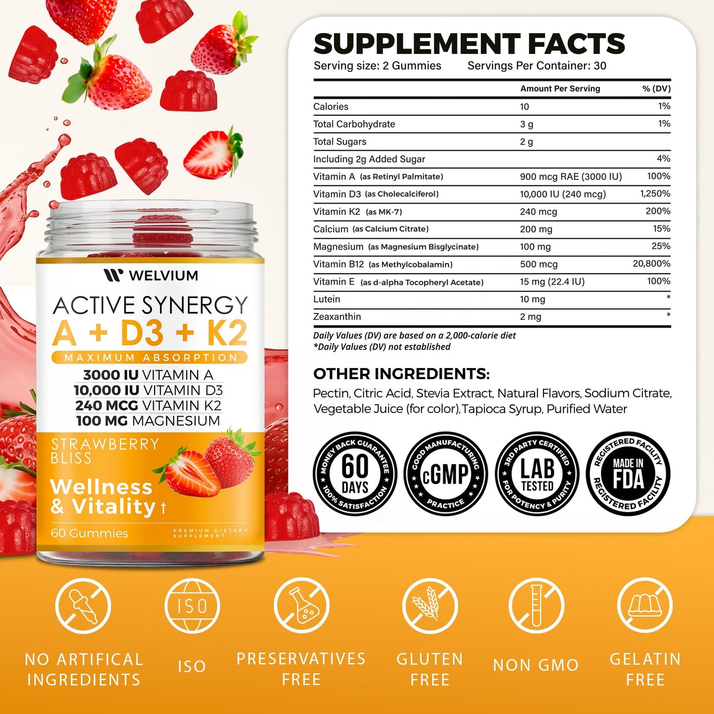 WELVIUM Vitamin D3 K2 MK-7 Magnesium Glycinate Gummies 60 Count