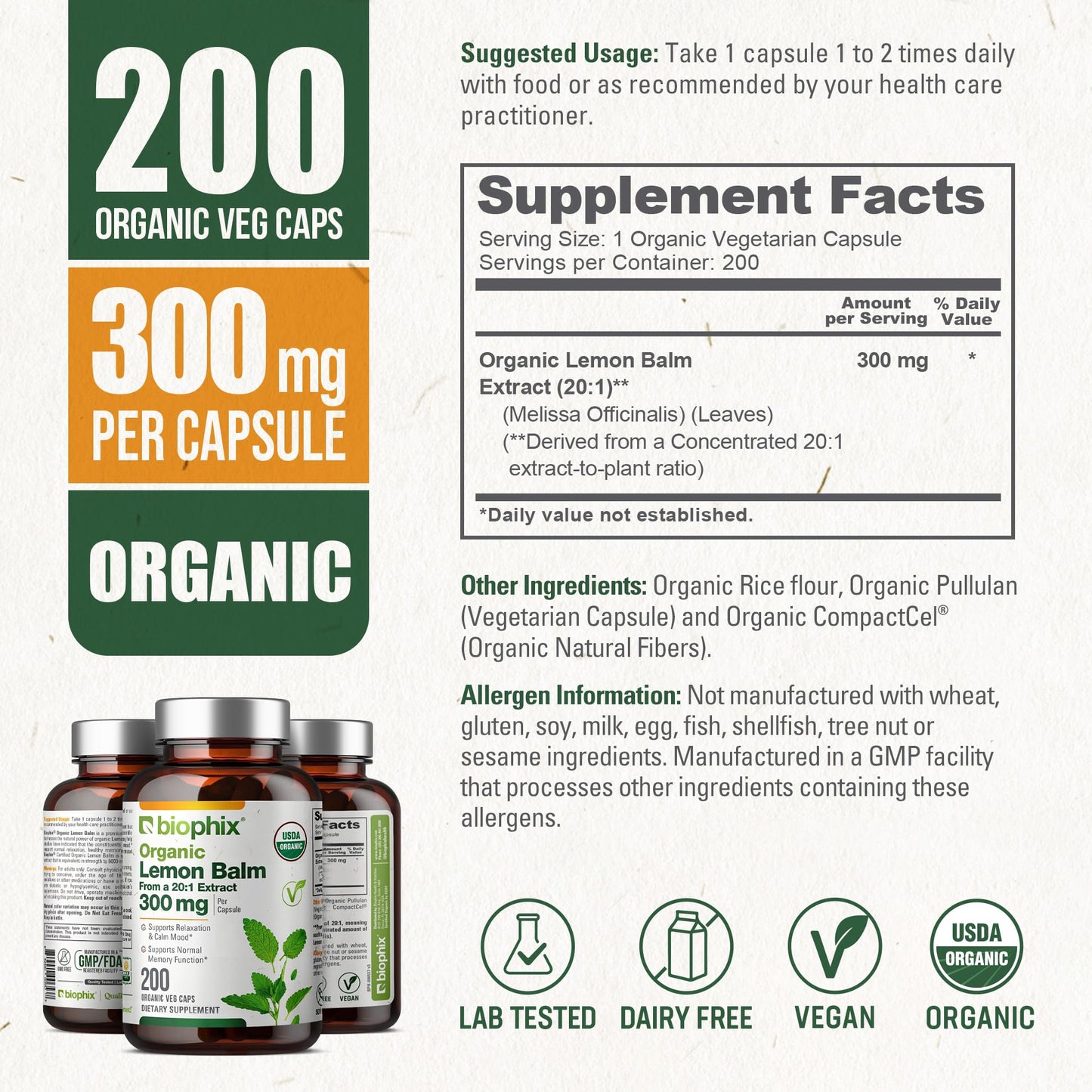 biophix Organic Lemon Balm Capsules 200