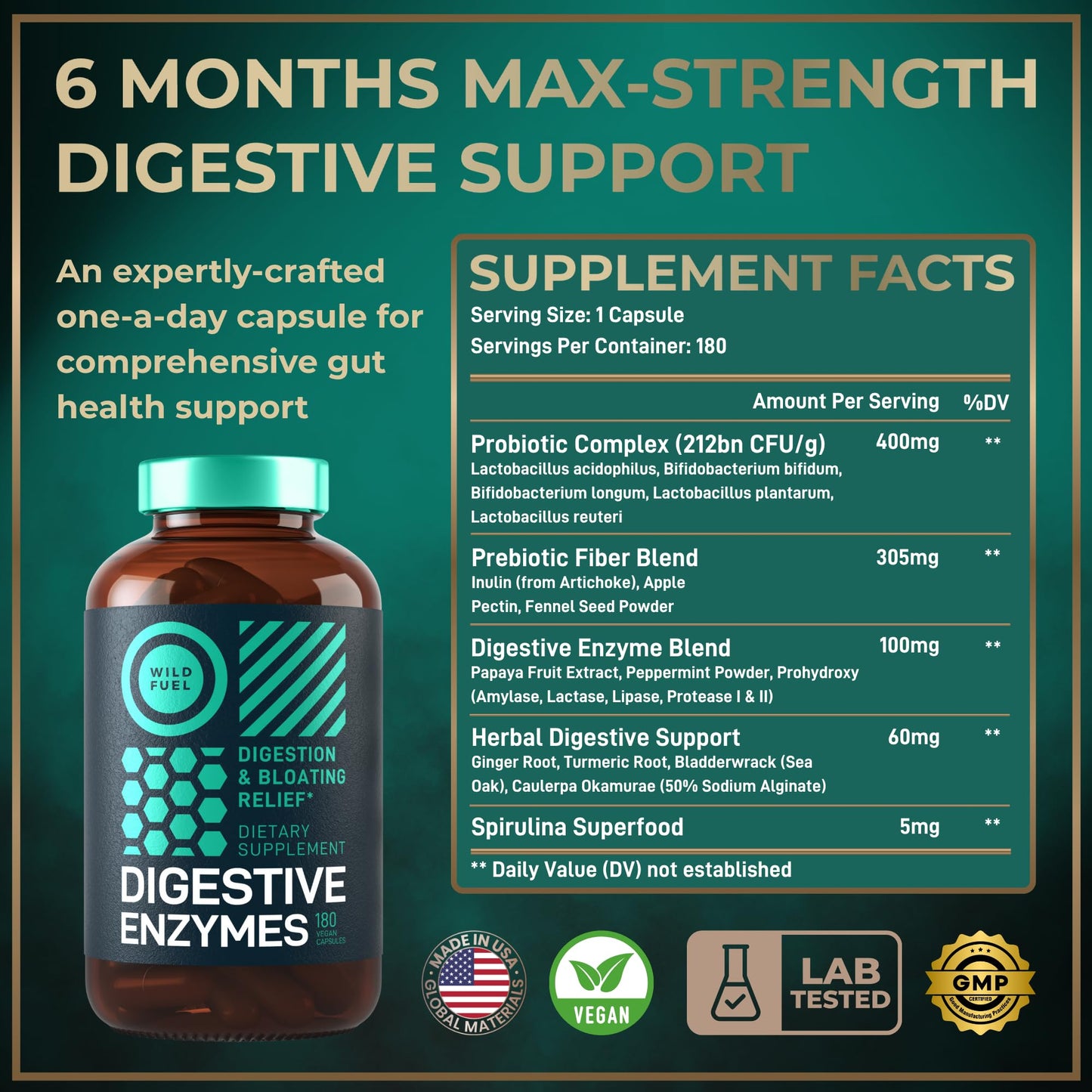 WILD FUEL Complete Digestive Enzymes for Women & Men - 800mg Vegan Digestive Enzymes with Probiotics & Prebiotics - Bloating Support, Gut Health & Digestion, 180 Capsules