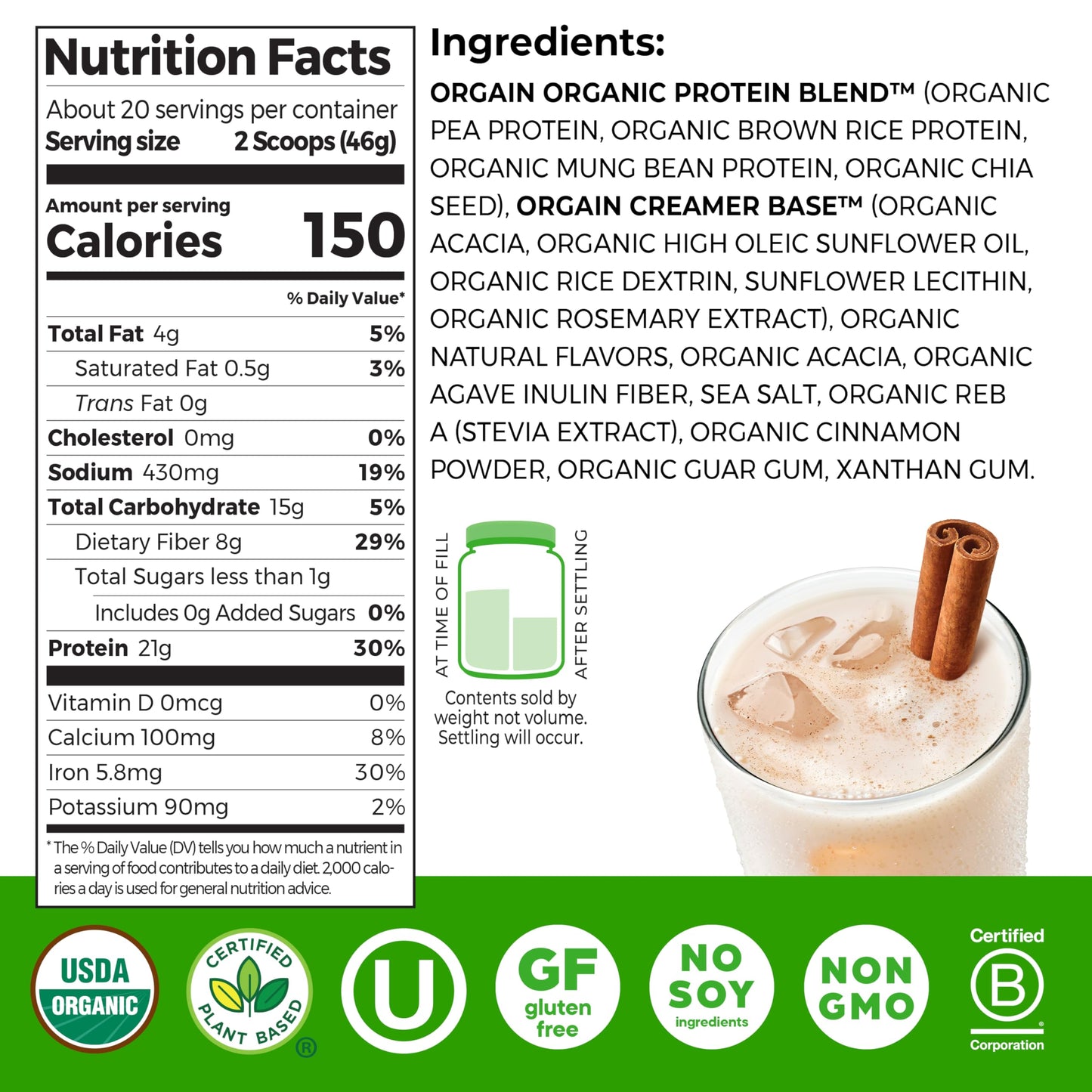 Orgain Organic Vegan 21g Protein Powder Horchata 32.4 oz