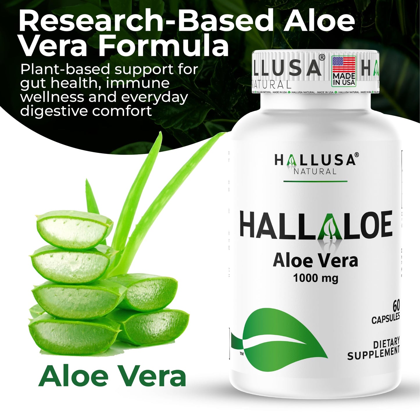 Hallusa Natural HallAloe Aloe Vera Supplement Capsules, 1000mg per Serving, 60 Count