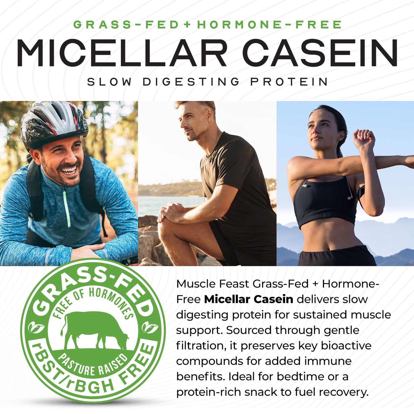 Muscle Feast Grass Fed Micellar Casein Protein Powder, Unflavored (4lb), 64 Servings