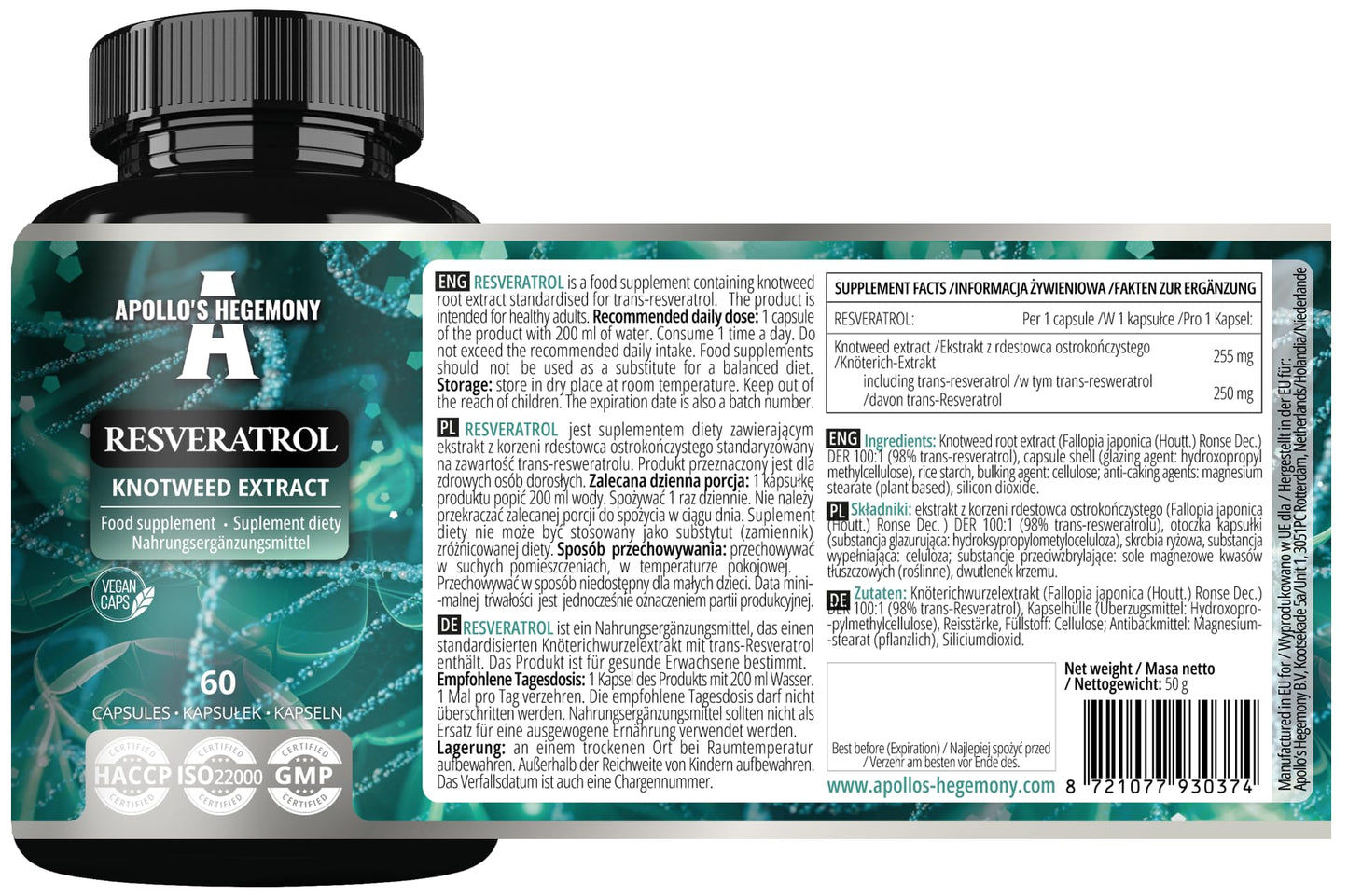 APOLLO'S HEGEMONY Resveratrol High Dose 400 mg Capsules, 60 Count