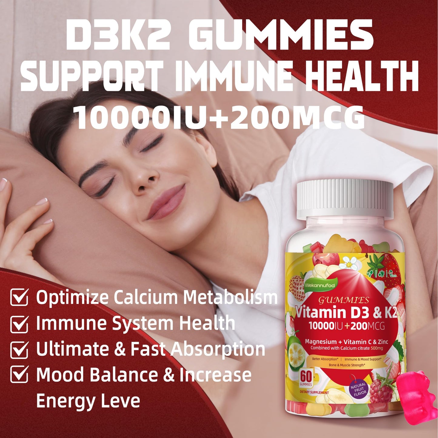 Wekannufod Sugar-Free Vitamin D3 K2 Gummies with Calcium, Magnesium Citrate, Vitamin C & K2 MK-7, Extra Strength Bone, Muscle, Teeth & Immune Support, Vegan, 120 Gummies