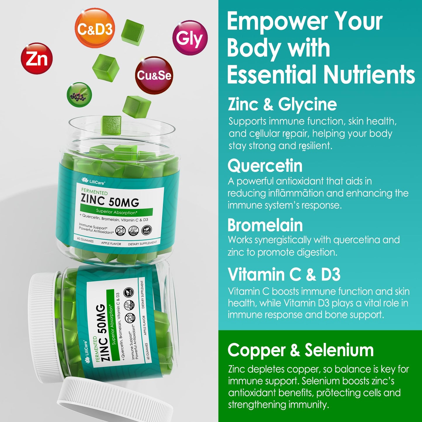 LILICARE Fermented Zinc Gummies with Vitamin C & D3, 50mg Zinc, 60 Gummies
