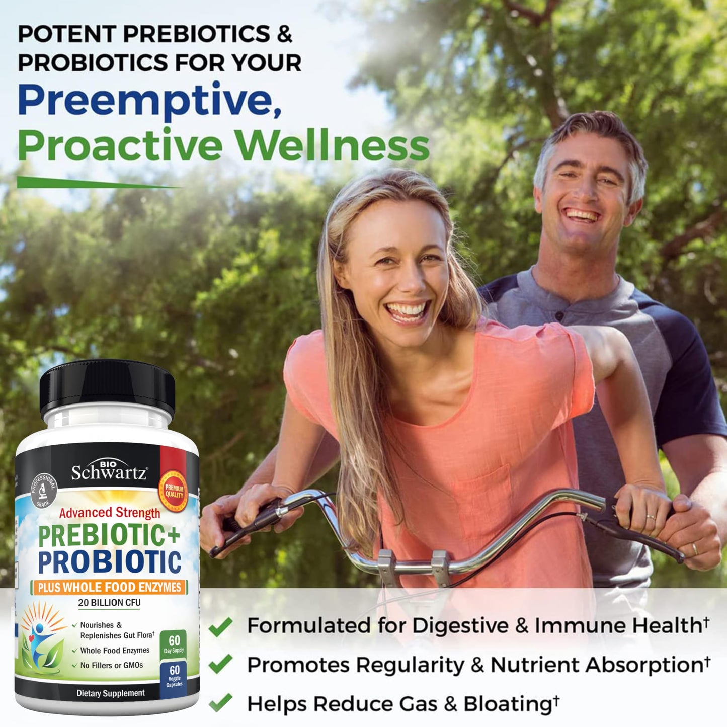 BioSchwartz Advanced Prebiotics and Probiotics for Women & Men, Immune, Digestive & Gut Health with L. Reuteri, Inulin Fiber, Digestive Enzymes, Non-GMO, Gluten-Free, Dairy-Free, 60 Capsules