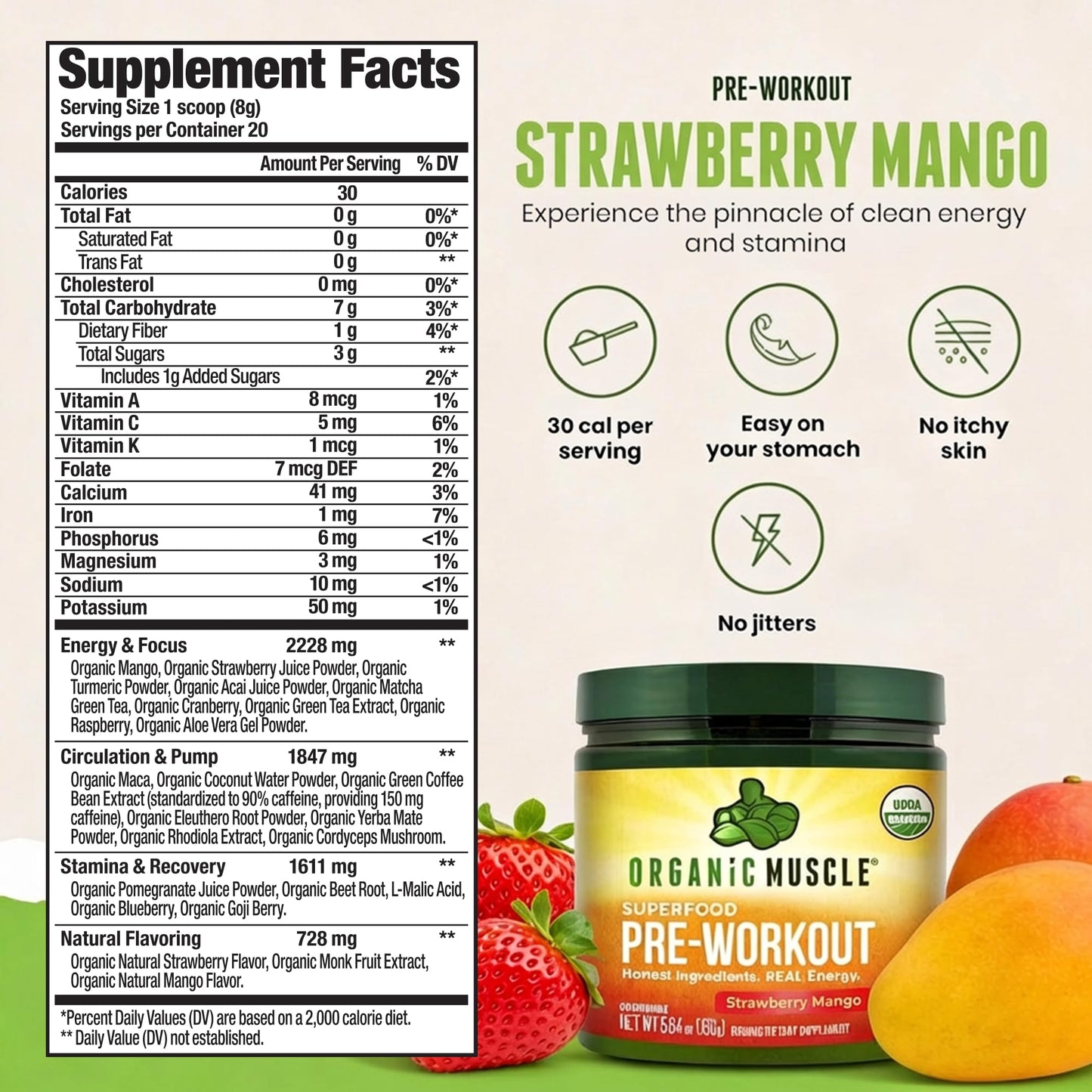 Organic Muscle Organic Pre Workout Powder Strawberry Mango 5.6 Ounce