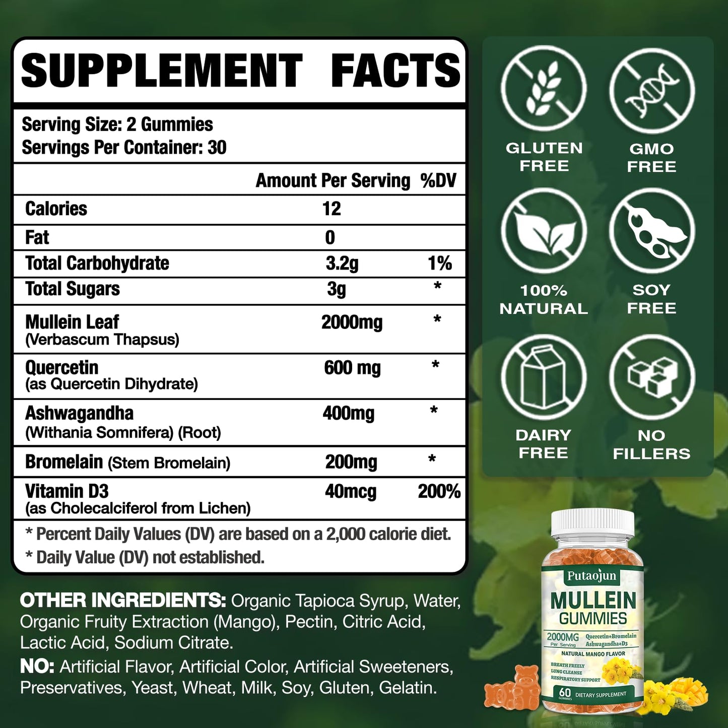 Putaojun Organic Mullein Gummies for Lungs, 2000mg Mullein Leaf Extract with Quercetin & Bromelain, Mango Flavor, Sugar-Free, Vegan, 60 Count