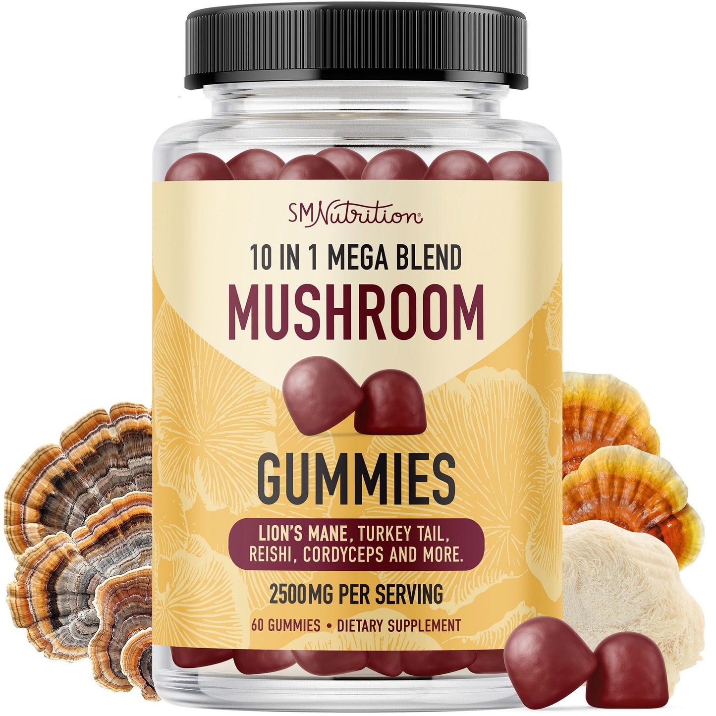 SMNutrition Mushroom Gummies for Adults with Lions Mane, Turkey Tail, Reishi, Cordyceps, Chaga & Maitake - Cognitive Function & Immune Health - Raspberry Flavor - 60 Gummies