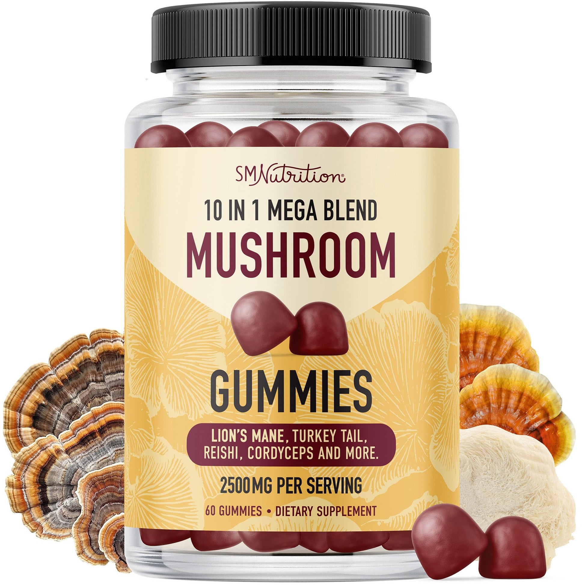SMNutrition Mushroom Gummies for Adults with Lions Mane, Turkey Tail, Reishi, Cordyceps, Chaga & Maitake - Cognitive Function & Immune Health - Raspberry Flavor - 60 Gummies