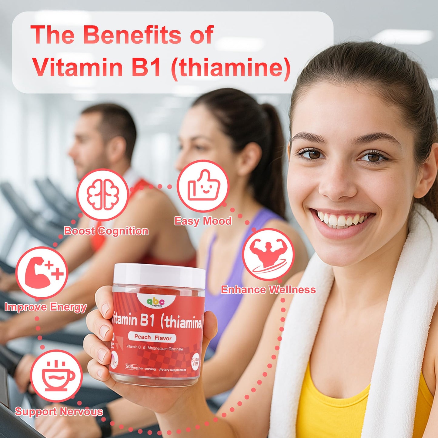 NEWOLite Vitamin B1 Gummies (Thiamine) 300mg with 150mg Magnesium, Natural Peach Flavor, Non-GMO, Sugar-Free, Vegan, 60 Gummies
