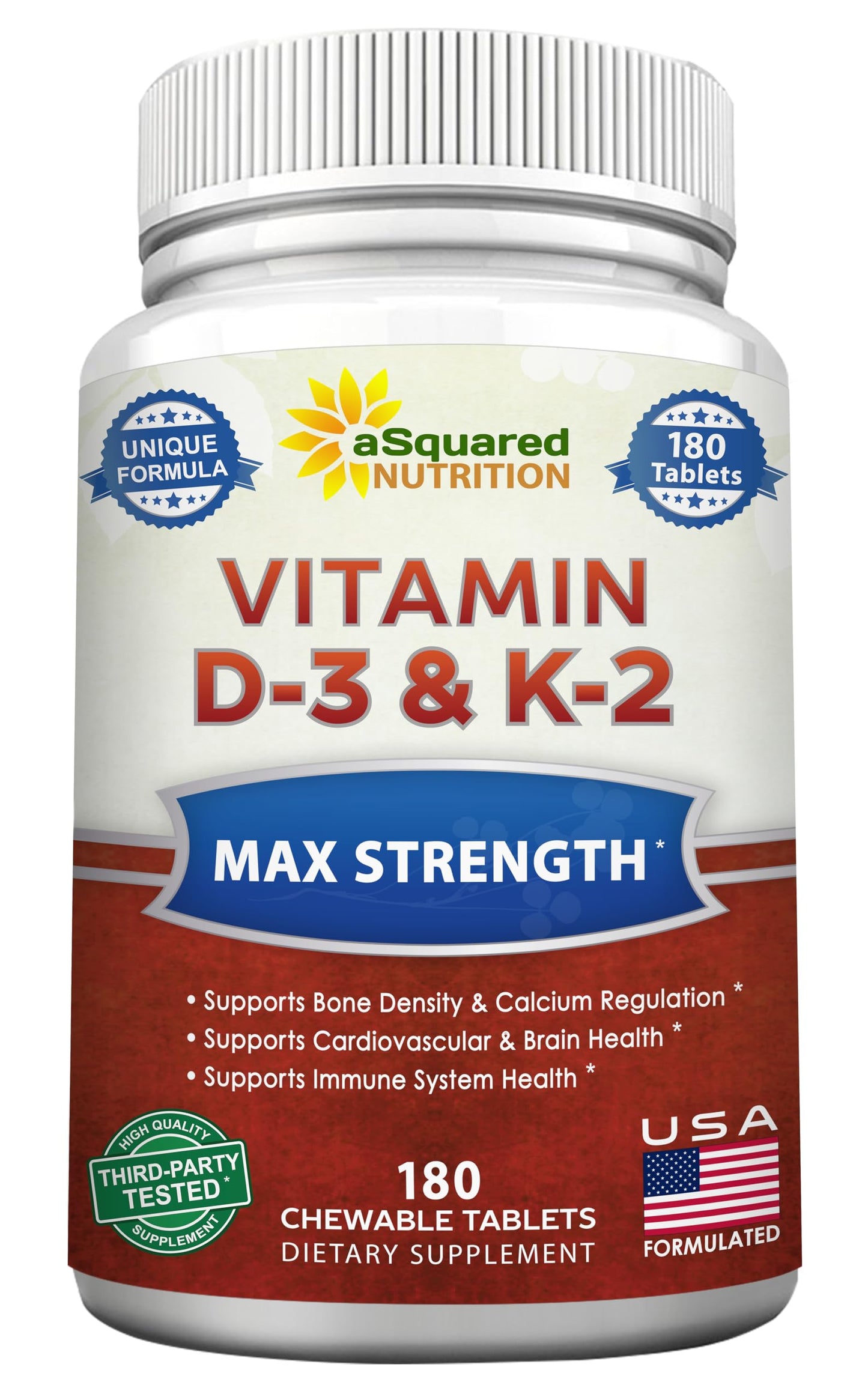 aSquared Nutrition Vitamin D3 with K2 Tablets 180 Count