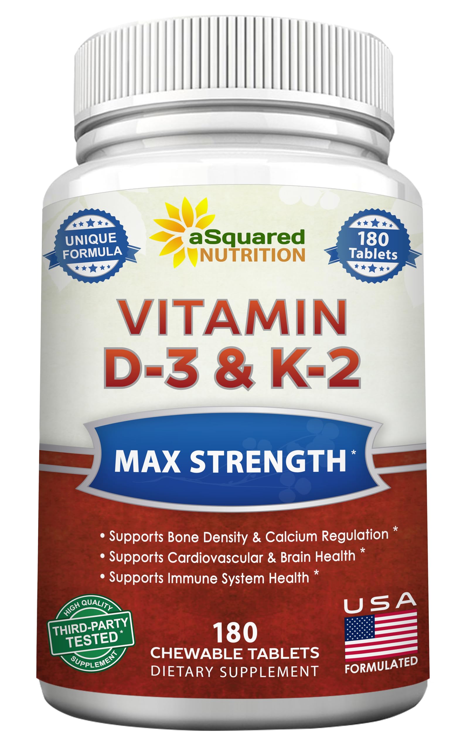 aSquared Nutrition Vitamin D3 with K2 Tablets 180 Count