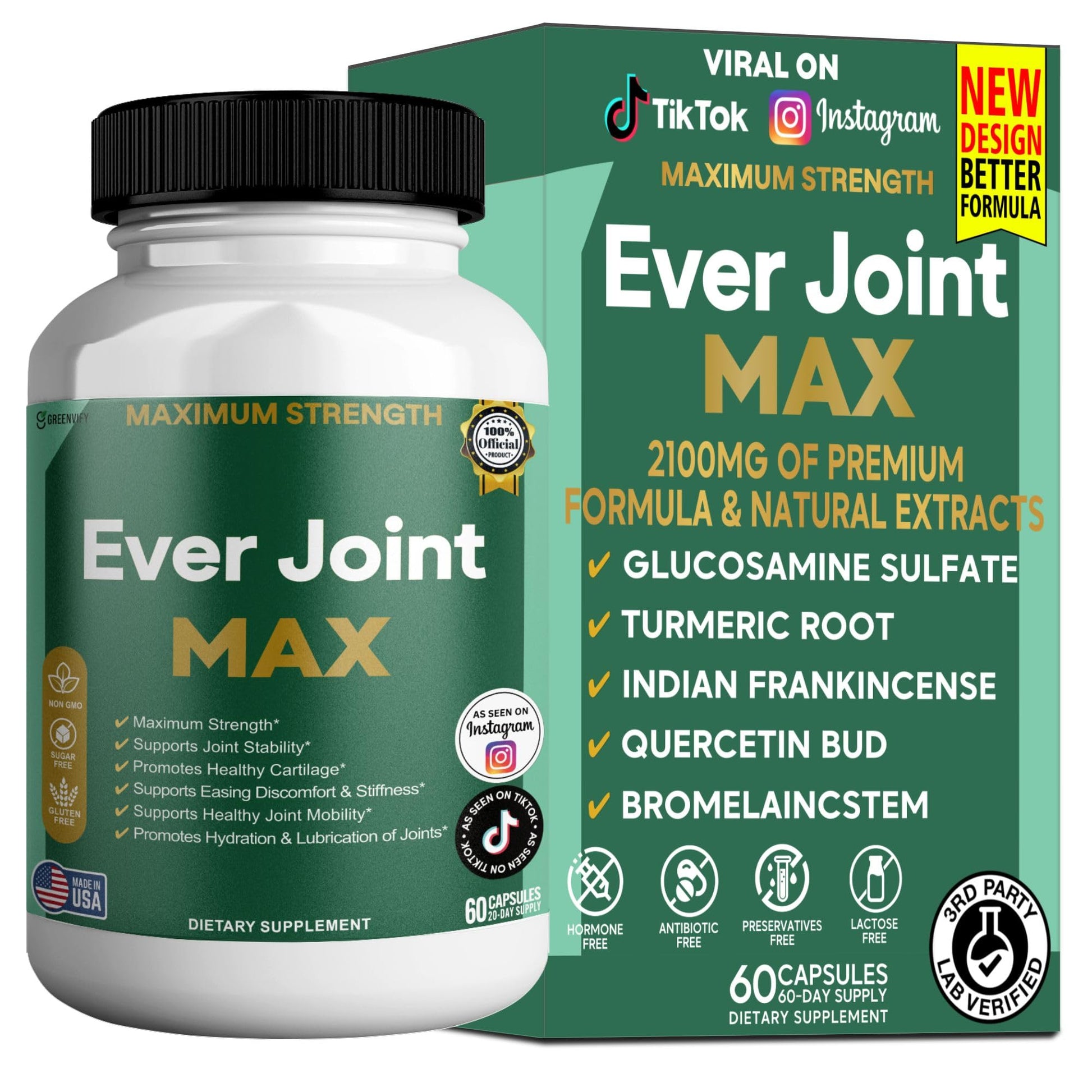 GREENVIFY Ever Joint MAX, Joint Support Supplement, Glucosamine, Chondroitin 60 Capsules
